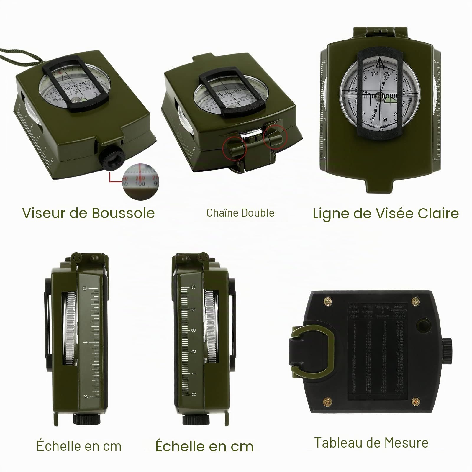 GWHOLE Boussole Multifonctionnelle Professionnelle Orientation Militaire Portable en Métal pour Randonnée Camping Voyage Exploration- Vert Armée