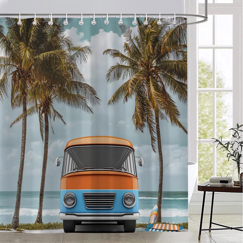 Beach Tour Bus Shower Curtain Coastal Palm Tree Tropical Camping Surfboard Ocean Hawaii Vintage Car Summer Seascape Bathroom Decor Polyester Fabric Set with Hooks 70X90 Inch
