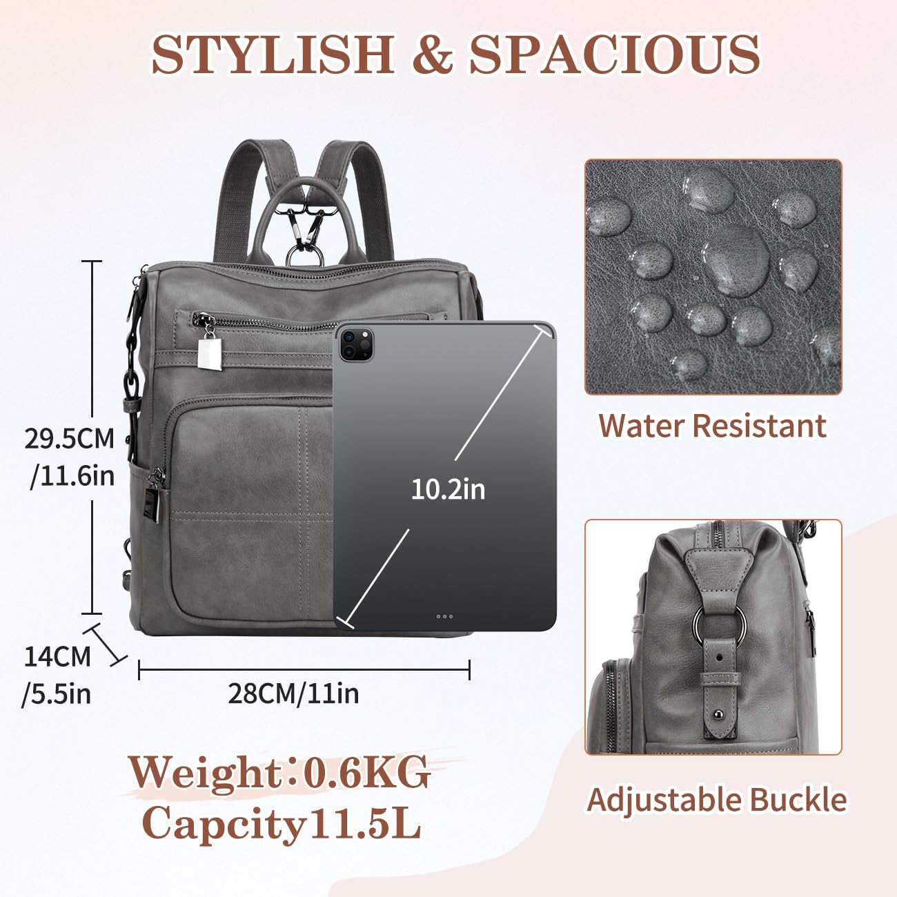 VASCHY Backpack Purse for Women,Fashion Convertible Vegan Leather Shoulder Bags Handbags for Work/Travel/Ladies/College Gray - Image 2