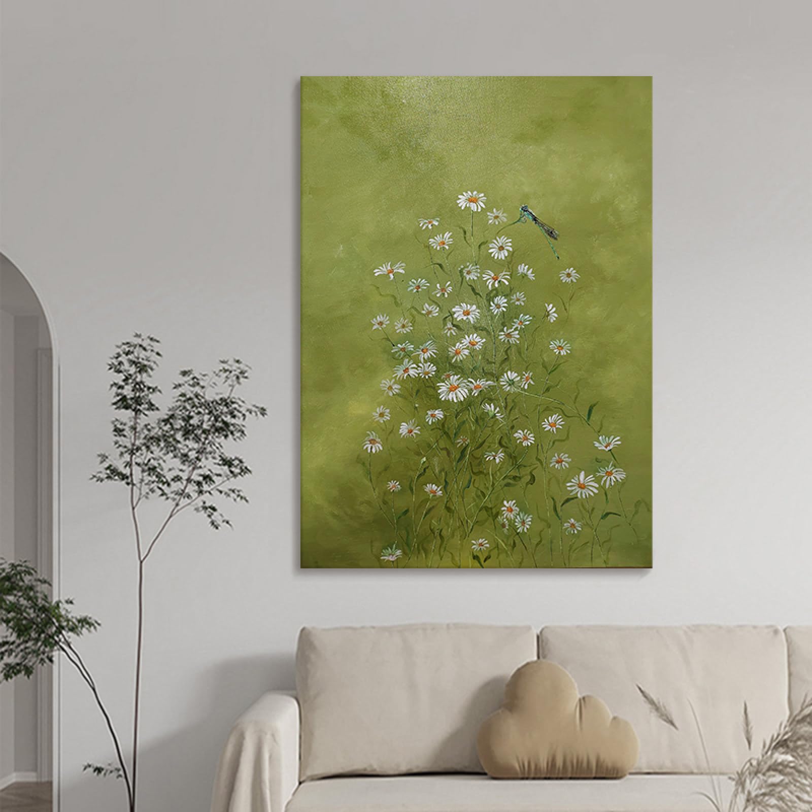 Tableau peinture à l'huile fait main marguerites vert foncé luxe
