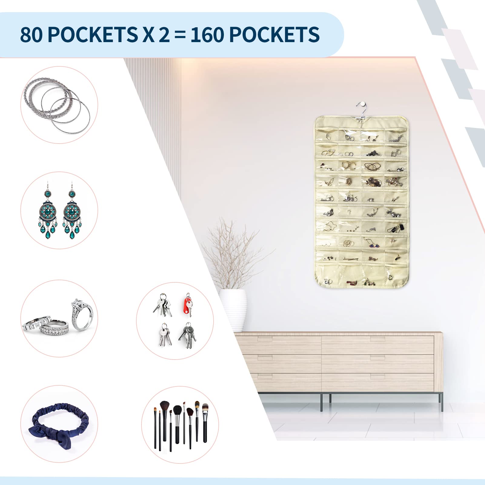 Paquete de 2 organizadores colgantes de joyas con 160 bolsillos, almacenamiento de aretes de armario de doble cara para collares, pulseras con percha, color beige 2