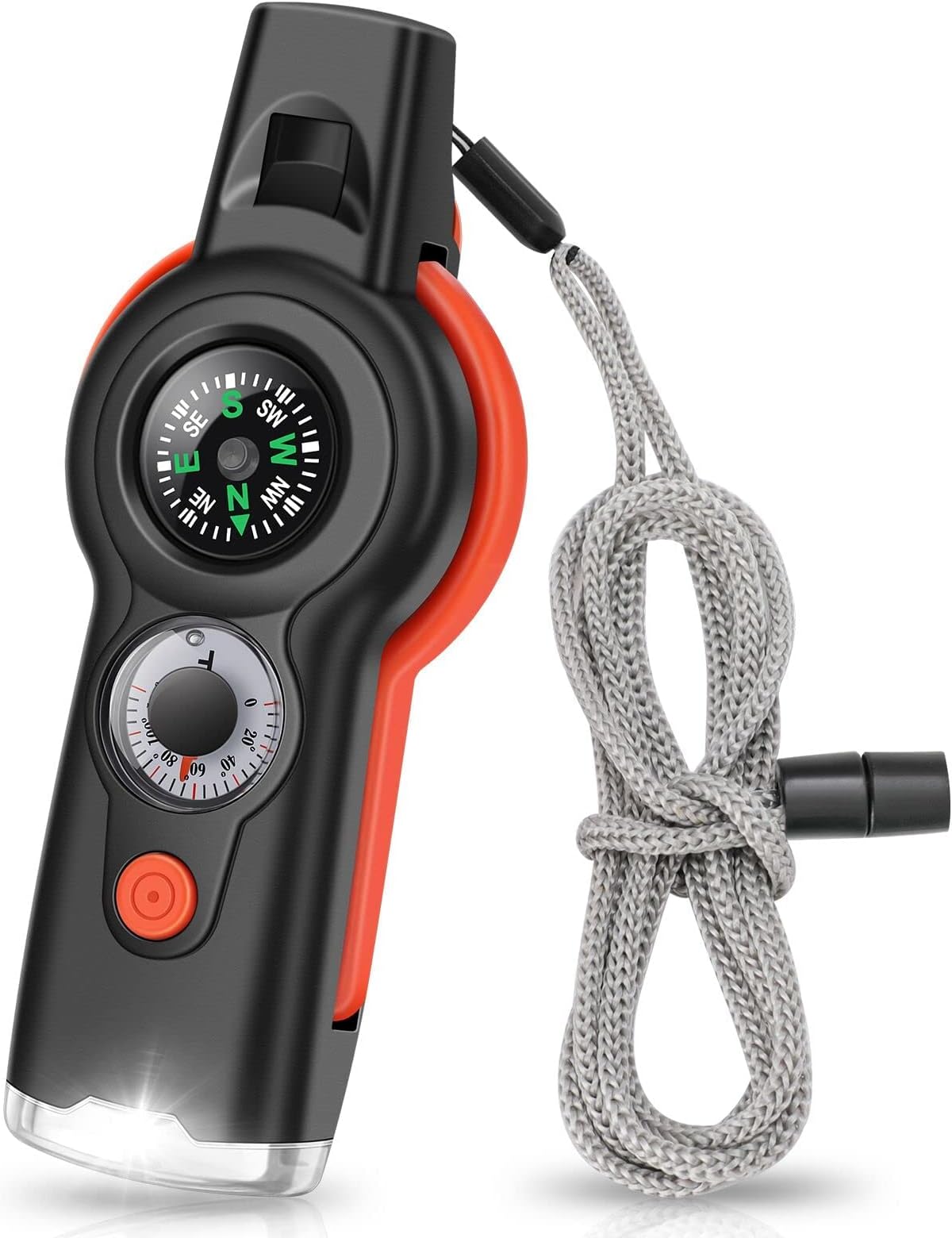 Emergency Survival Whistle, 7 in 1 Multifunctional Whistle, Outdoor Tool Safety Whistle with Lanyard, Emergency Whistle with Compass, Thermometer, Magnifying Glass, Reflector, LED Light, Storage Bin
