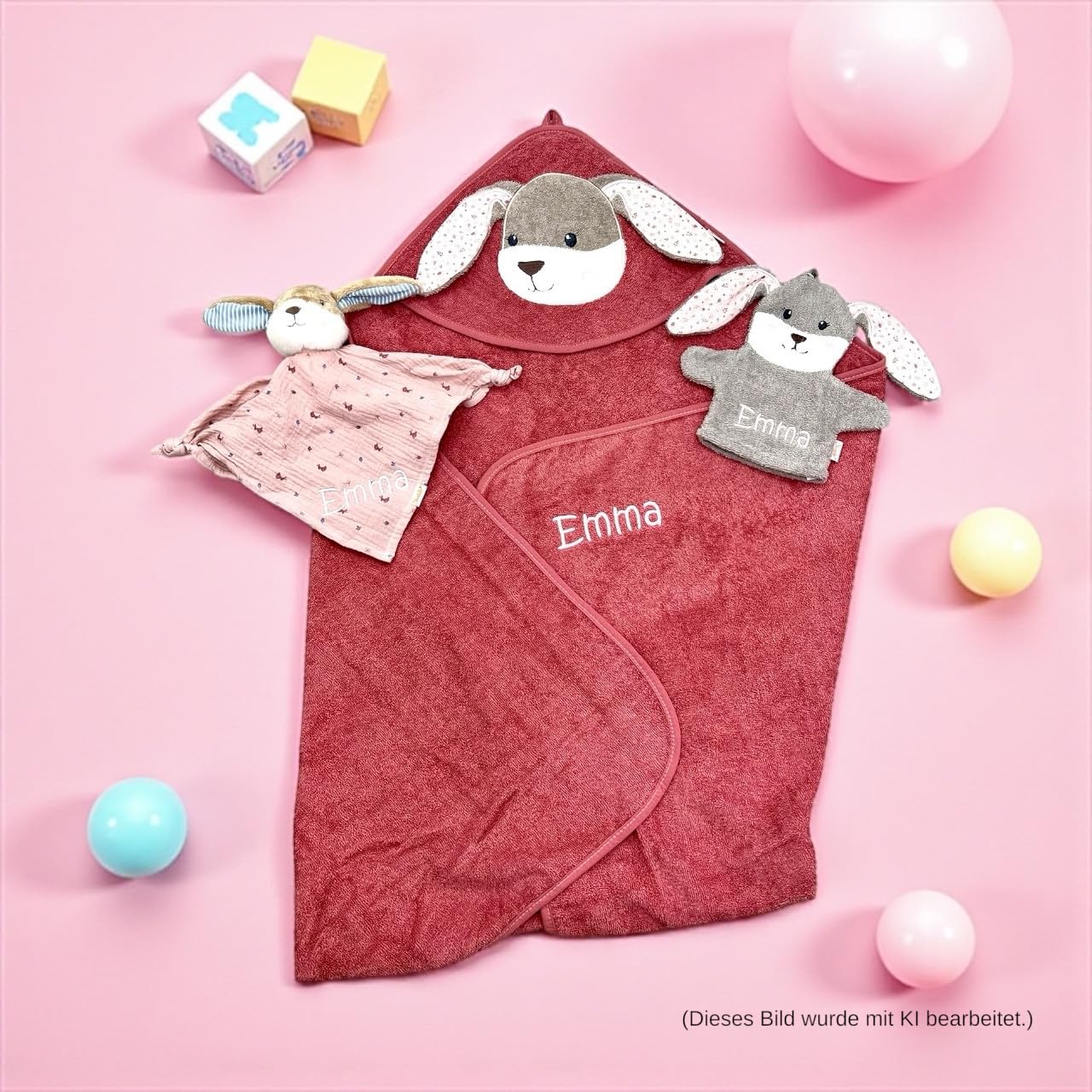 Generisch Geschenkset Hase Hanni, Kapuzenhandtuch 100x100cm, Spiel-Waschhandschuh und Schmusetuch - mit Name aufgestickt, rosa/Sand