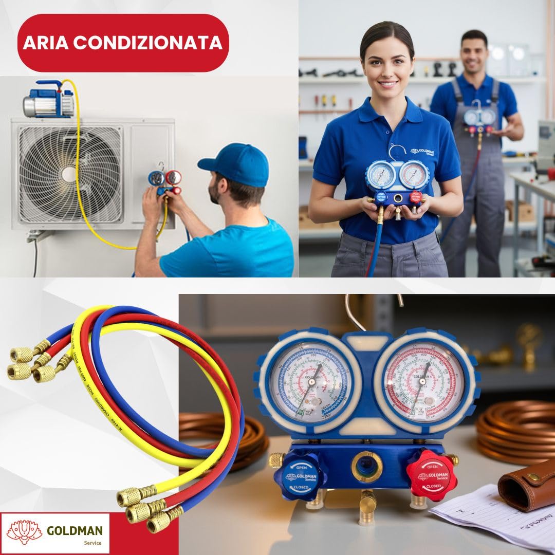 GOLDMAN SERVICE | Kit Manometro Climatizzazione con 3 Tubi di Ricarica e Misura di Gas Refrigerante per Auto AC | R410A R407C R32 R134a