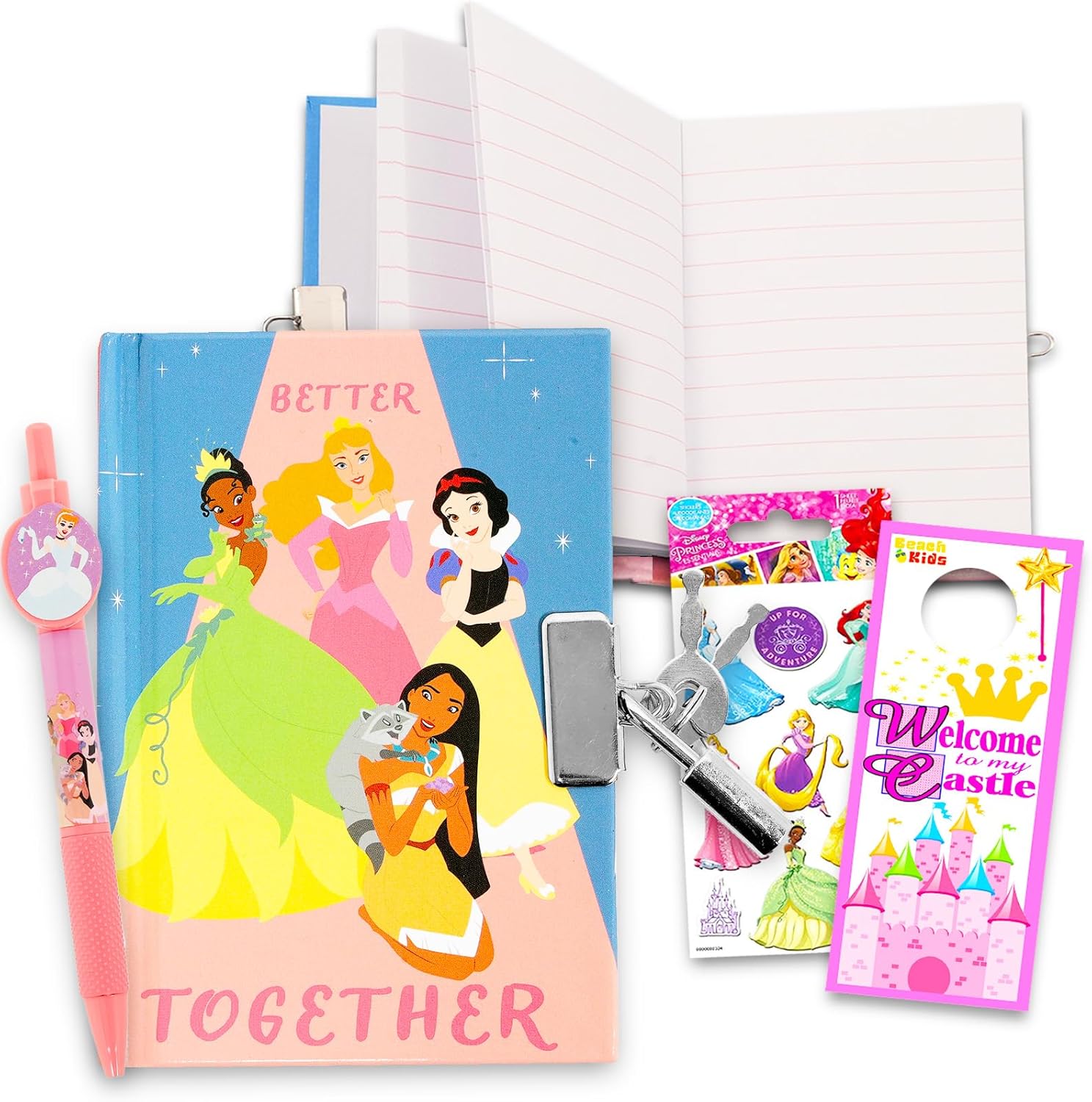Disney Princess Diary and Pen Set - 3 Pc Bundle Mini 150-Sheet Journal with Real Padlock and Pen, Bonus Stickers and Door Hanger Diary for Girls
