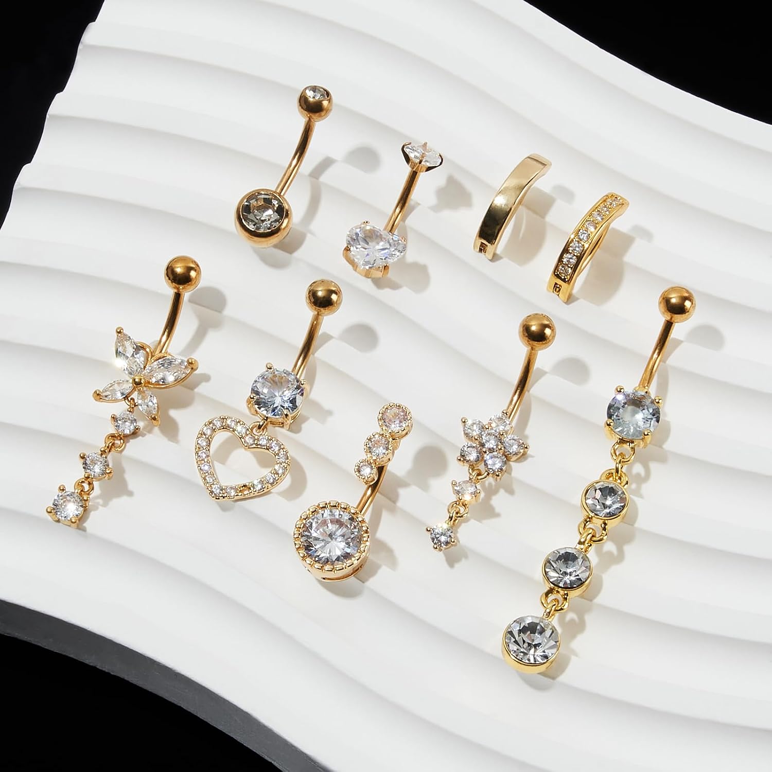 9PCS Belly Button Ring Dangle Stainless Steel Belly Rings 14G 1.6MM Belly Piercing Cute Navel Ring Piercing Jewelry Belly Ring for Women