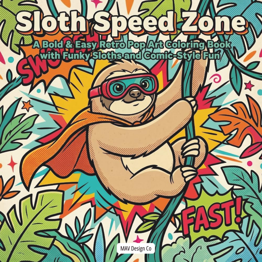 Sloth Speed Zone A Retro Pop Art Coloring Book with Funky Sloths and Comic Book-Style Fun: Inspired by Vintage Illustrations, Motion Bursts, and Bold Style (Sloth Mode Pop Art Coloring Collection)