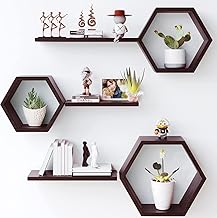Hexagon Floating Shelves Wall Mounted - Set of 6 MDF Wood Hexagon Shelves Display for Photos,Plants,Honeycomb Shelf for Living Room, Bedroom,Bathroom, Kitchen, Office (Grey) (Brown)