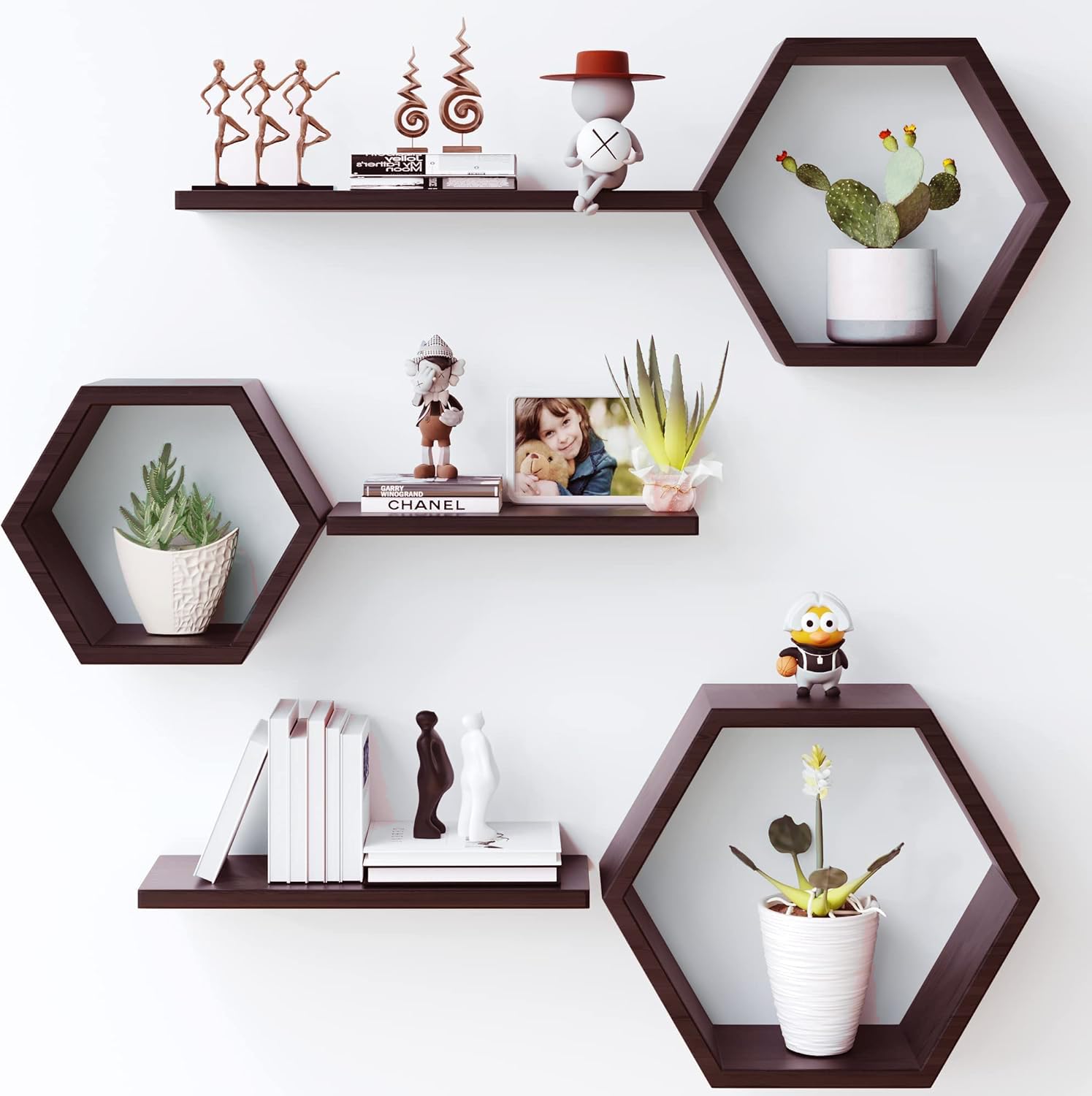 METALFY Hexagon Floating Shelves Wall Mounted - Set of 6 MDF Wood Hexagon Shelves Display for Photos,Plants,Honeycomb Shelf for Living Room, Bedroom,Bathroom, Kitchen, Office (Brown)-image-47