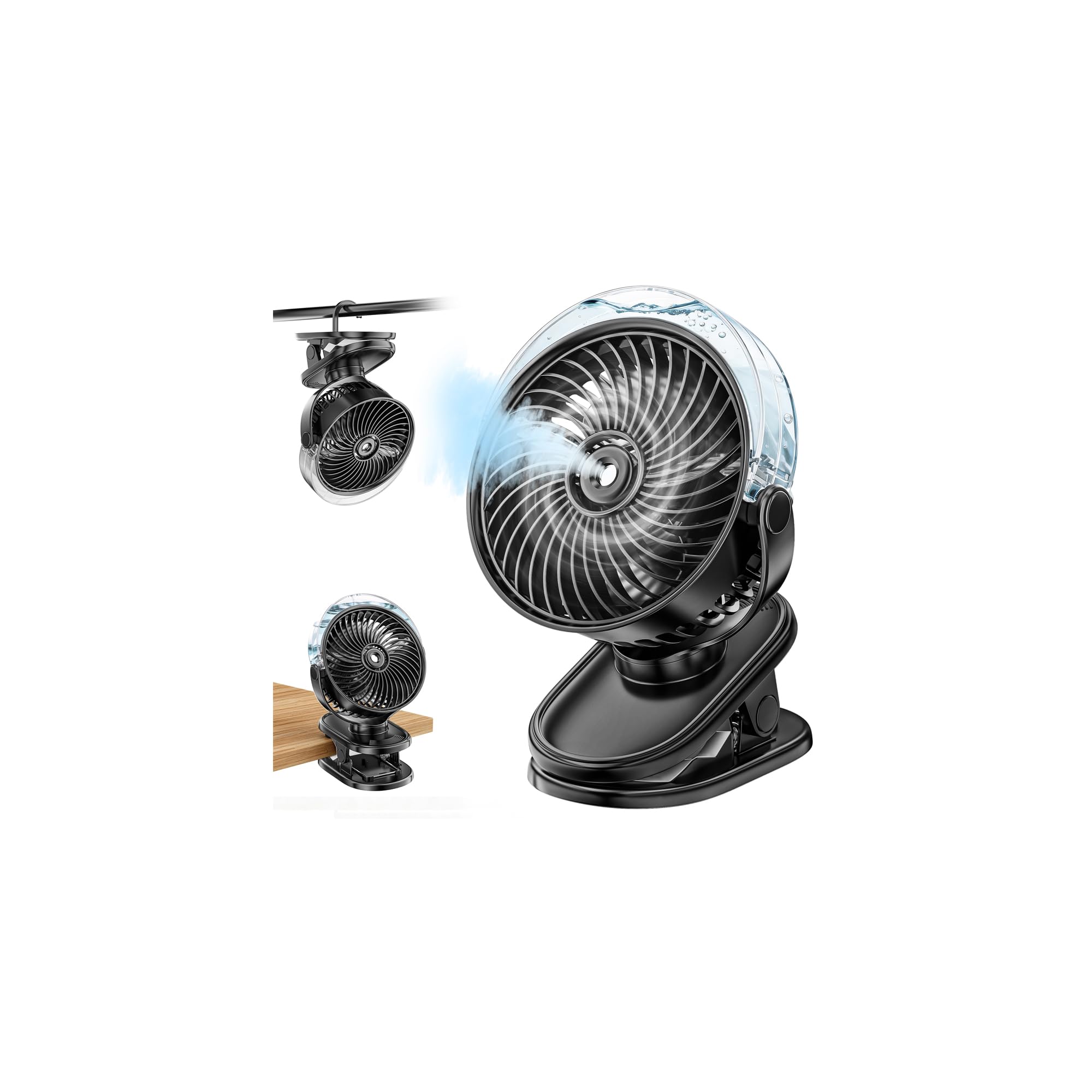 Ventilateur à Pince avec Brumisateur, Petit Ventilateur Portable USB Rechargeable, 4 Vitesses, Rotation à 360°, Clip Silencieux Table Fan Silencieux pour Bureau, Pour Maison, Poussette