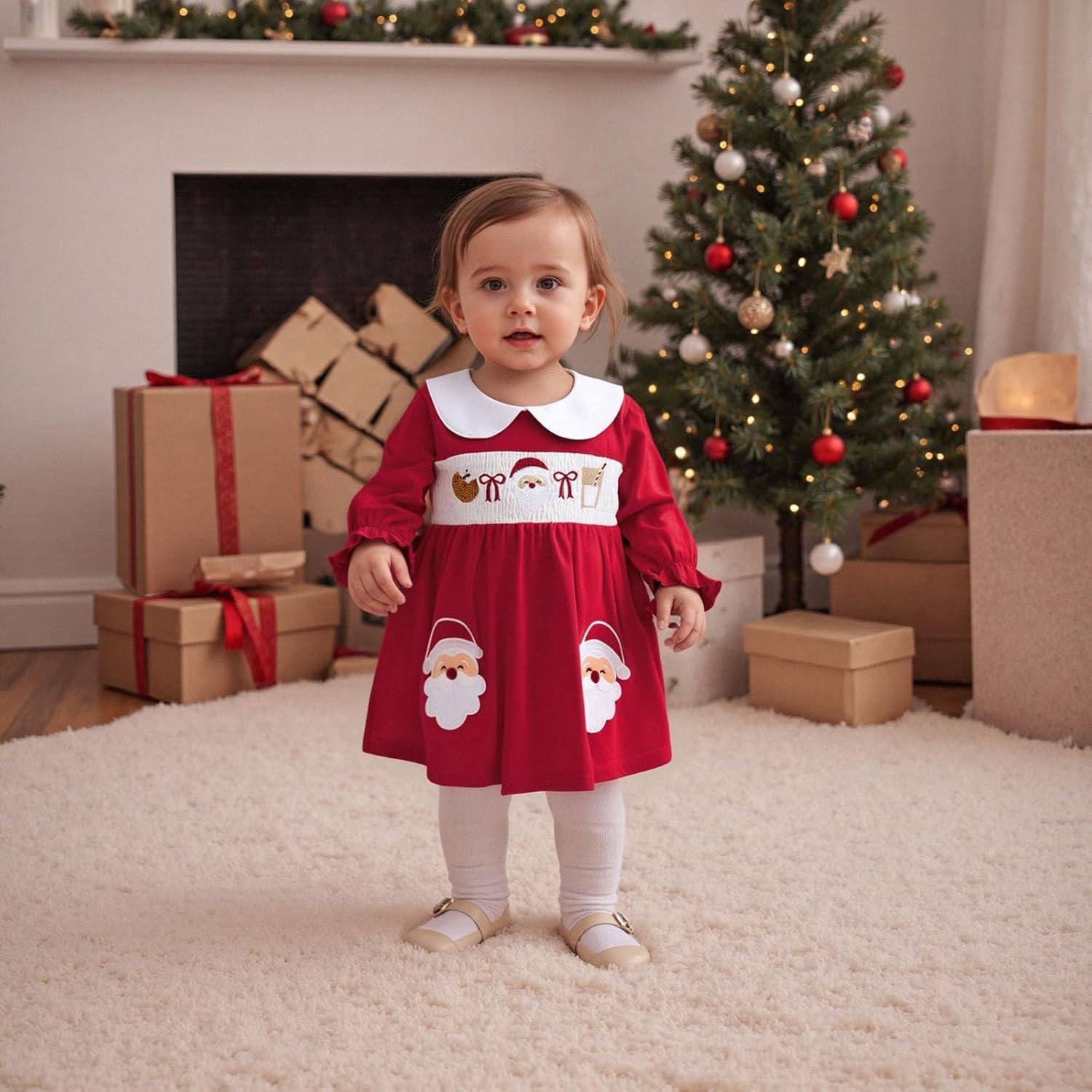 Cute Baby Girls Santa Christmas Dress Long Sleeve A Line Ruffles Embroidery Toddler Girl Xmas Outfit - Image 2