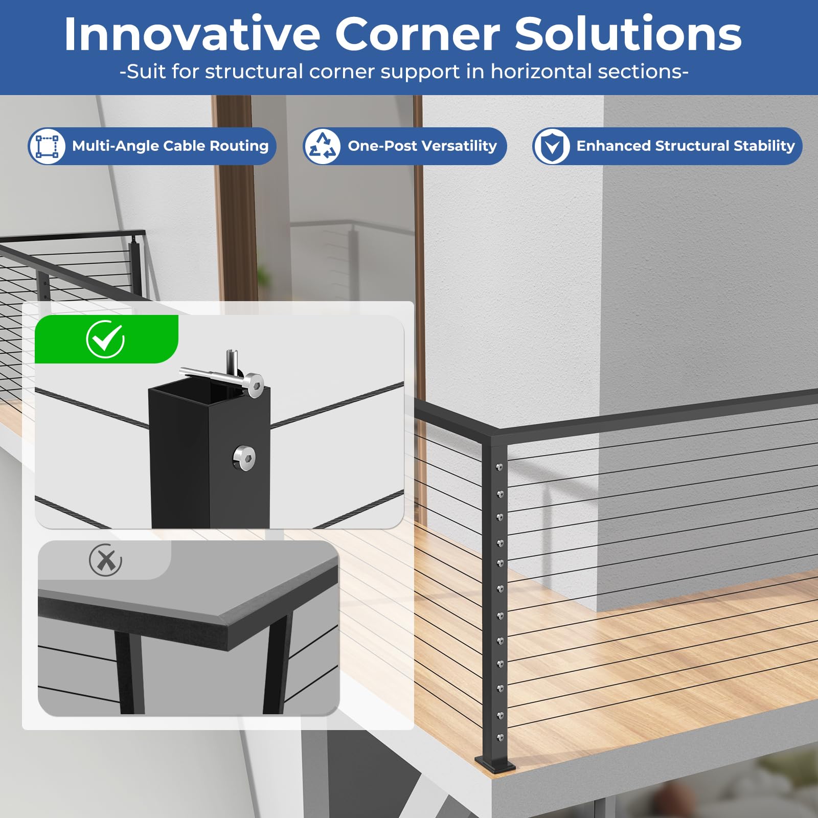 Snapklik.com : Gyykzz 42" T-Drilled Corner Post Cable Railing, Three ...