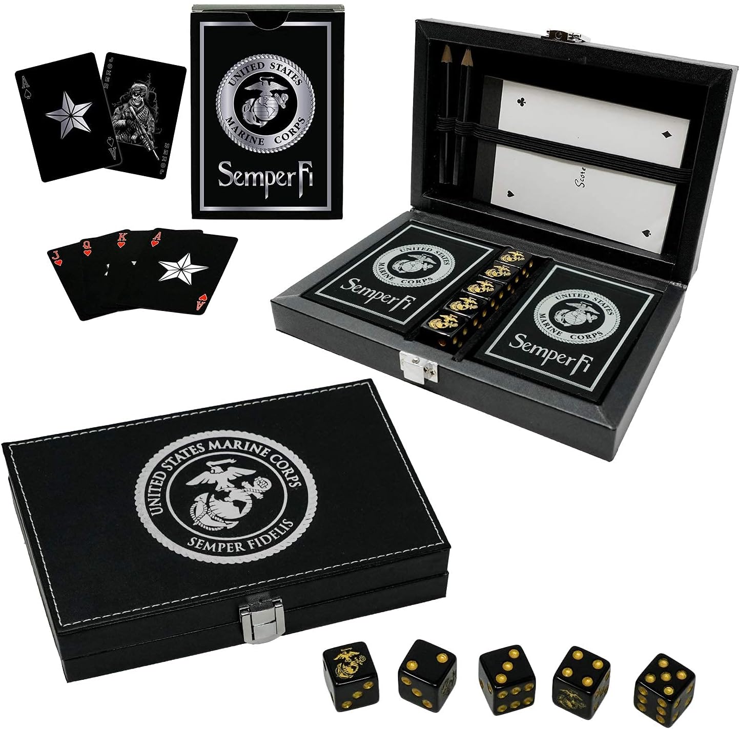 Military Gift Shop Marine Corps Playing Cards and Dice Set – Black Leather Keepsake Box, Playing Cards with USMC Rank Insignia, EGA Dice | USMC B&S Card Set