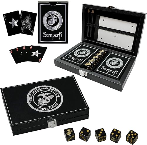 Miniatura 2 de Military Gift Shop Marine Corps Juego de cartas y dados – Caja de recuerdo de cuero negro, cartas con insignia de rango USMC, dados EGA, juego de