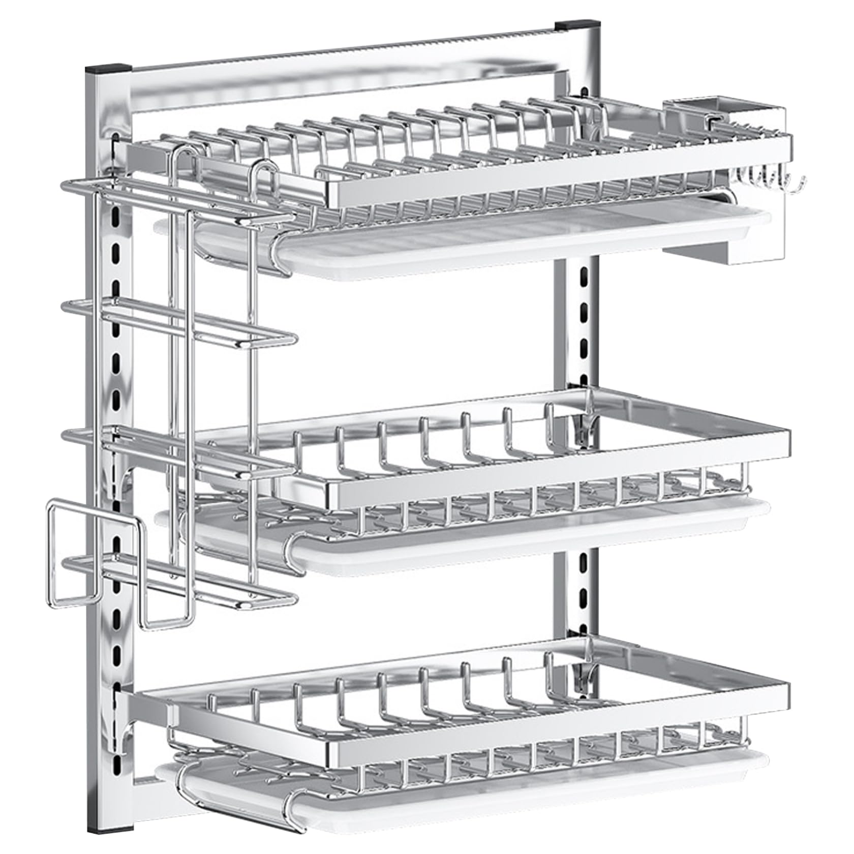 Licsaliwe Wall Mounted Dish Drying Rack - 3 Tier Stainless Steel Hanging Dish Rack, Space Adjustable with Drainboard Hooks & Cutlery Holder for Kitchen
