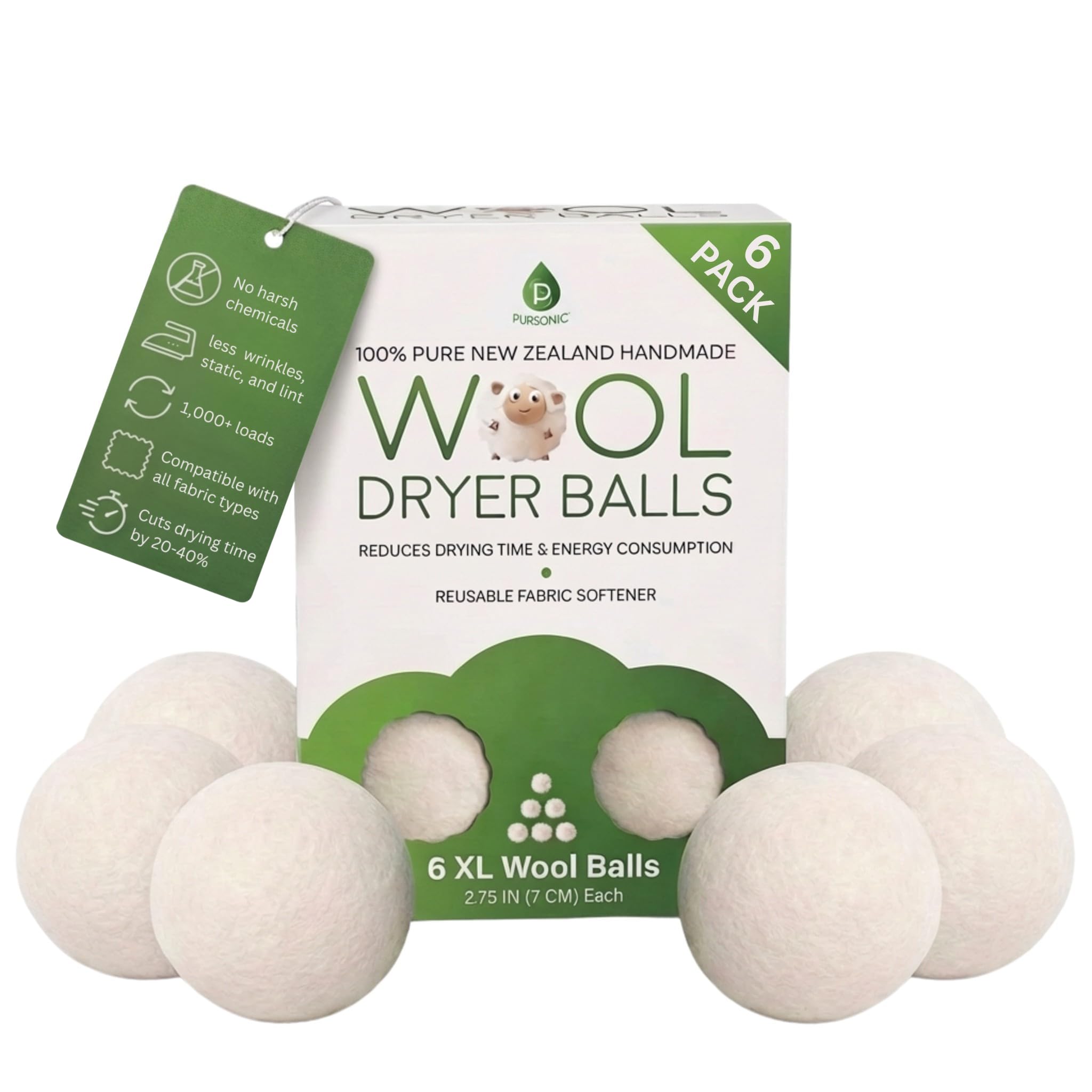 Pursonic XL Laundry Wool Dryer Balls Made with 100% Pure New Zealand Wool - Natural Reusable Fabric Softener Balls for Drying Time & Energy Consumption - Reduces Clothing Wrinkles & Lint - Set of 6