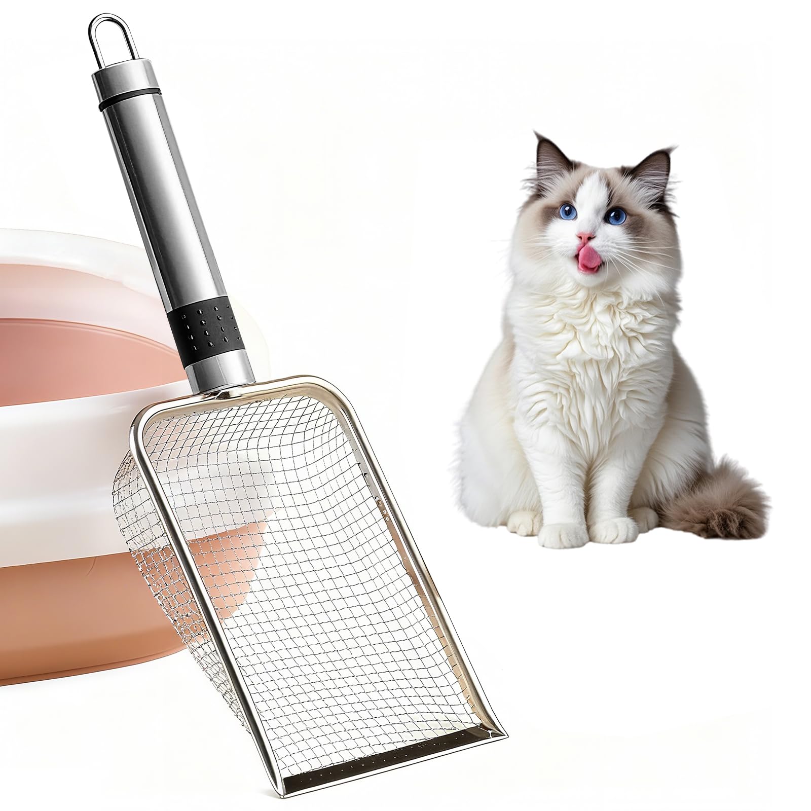 Nokwocy Cat Litter Scoop, Metal Cat Litter Scoop with Wooden Handle, 4 mm Pore Size Metal Cat Scoop, Cat Scoop for Cat Litter Tray