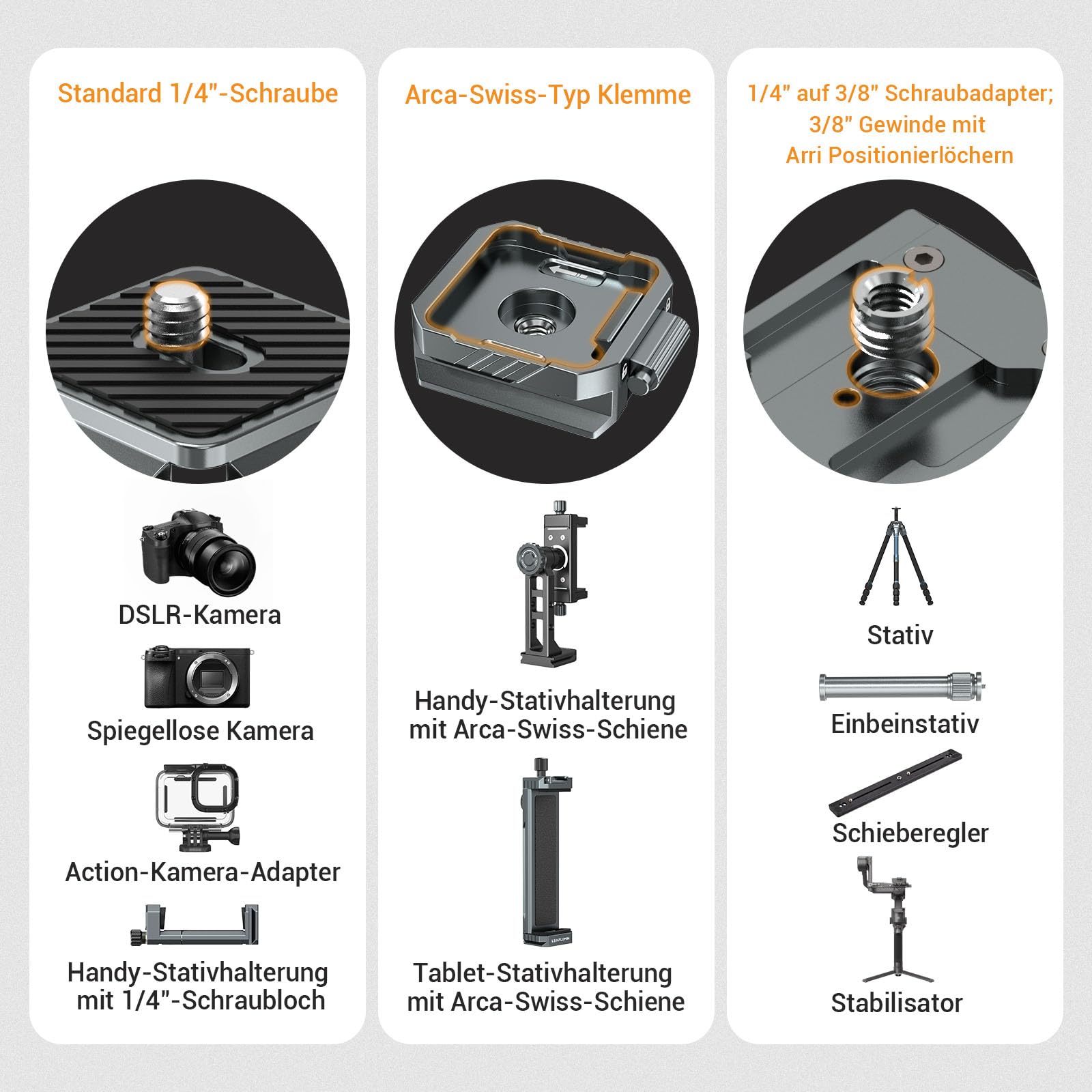 Kamera Schnellwechselplatten Kit – Arca Swiss Kompatible Aluminium Quick Release Plate mit Doppelsicherung & Auto-Lock Schnellverschluss – QR Klemme für DSLR, Stativ & Videokamera