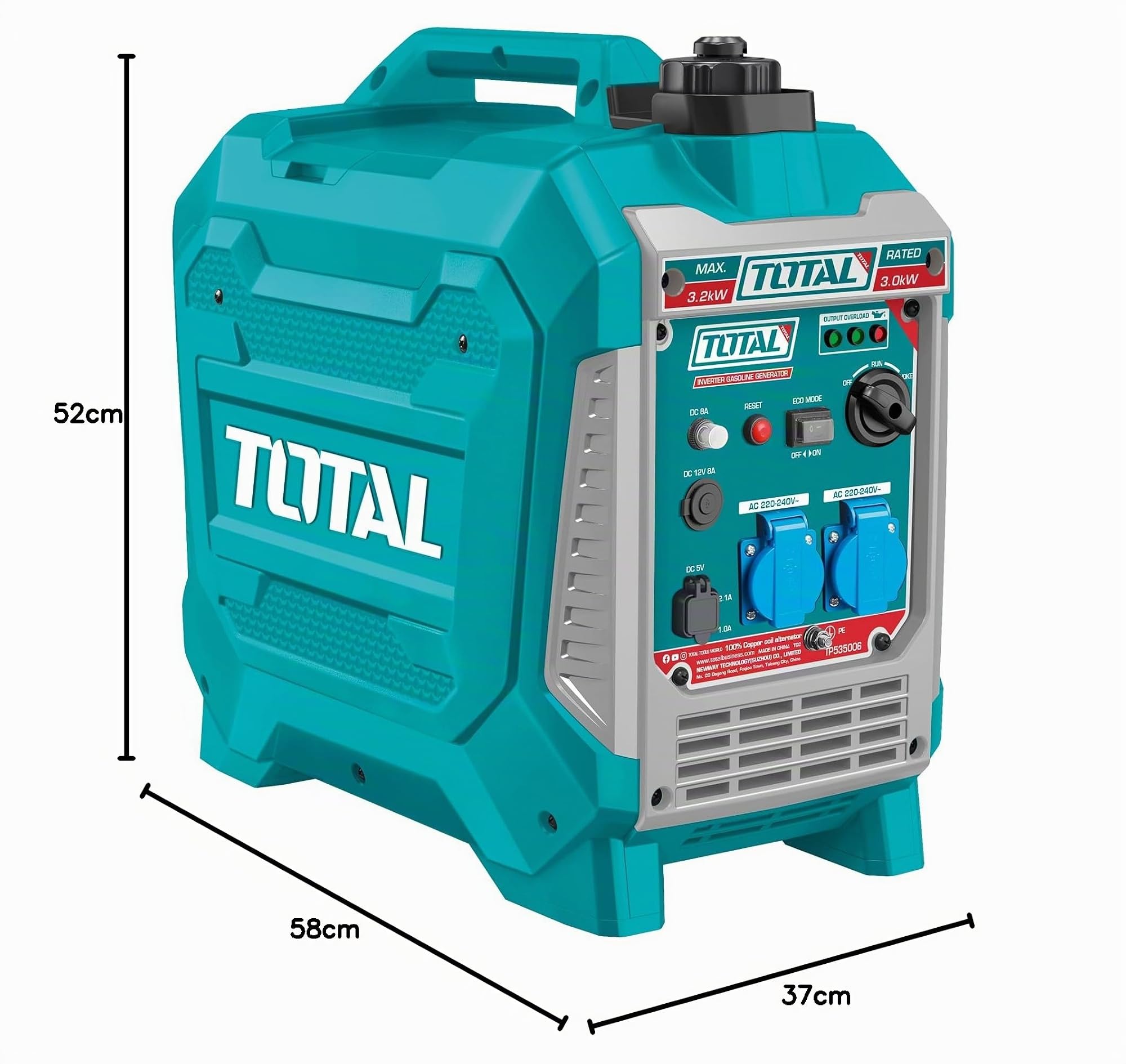 TOTAL - Generador Eléctrico a Gasolina - Insonorizado Inverter 3.3kW - Salidas USB y Toma 250V - Bajo Nivel Sonoro 64dB - Portátil 25kg, Verde, 55l x 55an cm, Plástico
