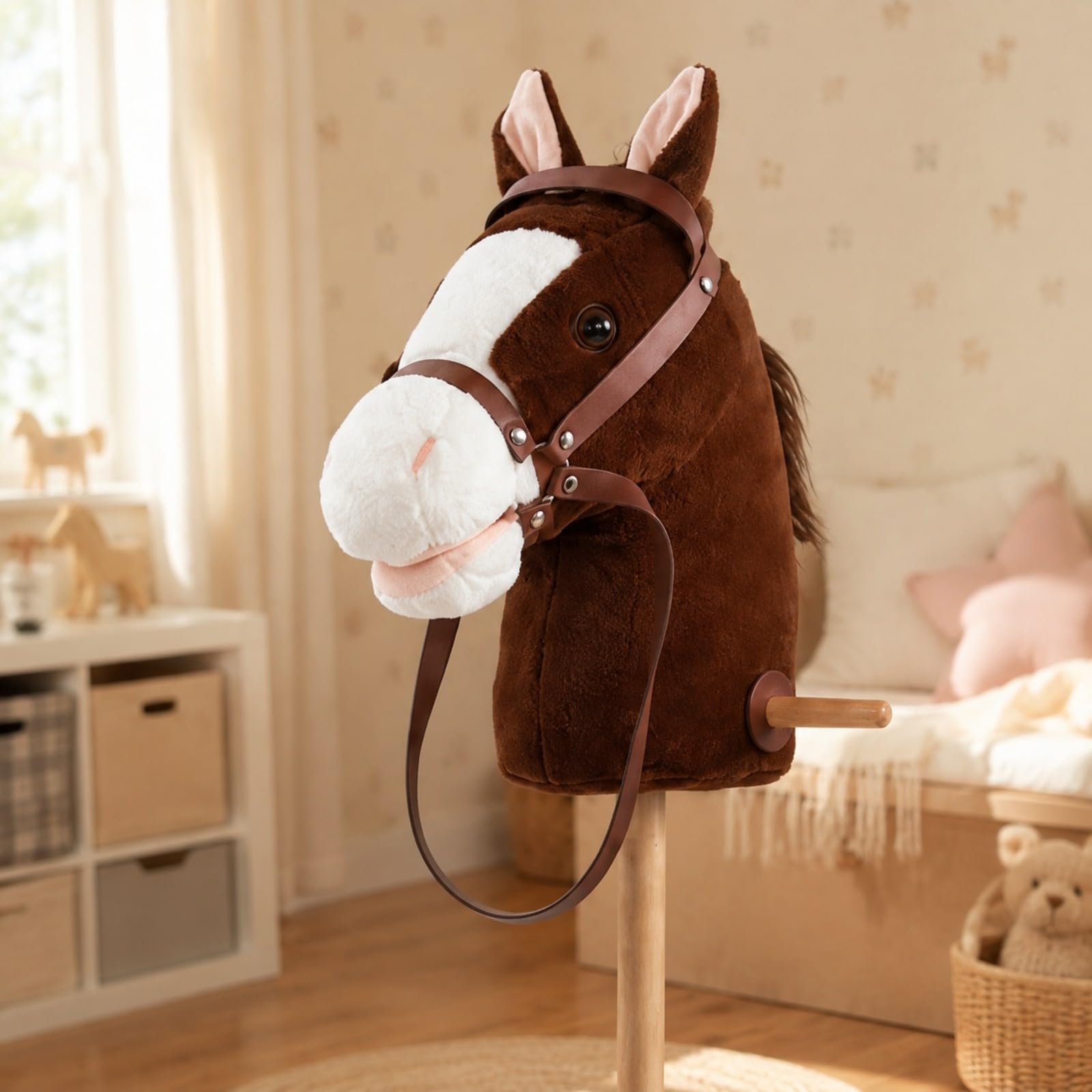 Almencla Bastone con Cavezza e Redini Leggero di Peluche con Bastone e Ruote Educativo Cavalluccio a per Bambini, Travestimenti,