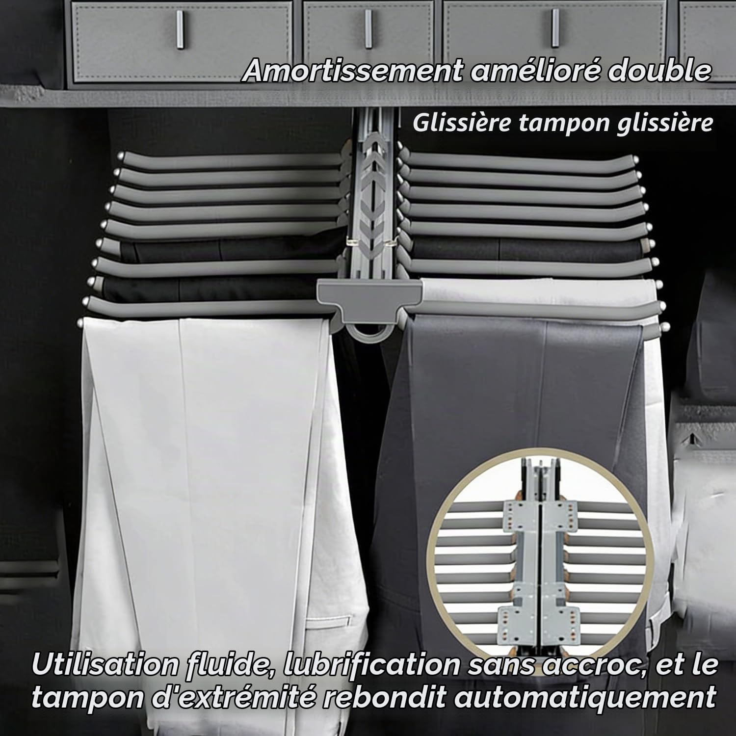 Porte Pantalon Coulissant, Multifonction Cintres de Pantalon, Organiseur de Placard de Pantalons avec Amortisseur avec Flocage, 22 Pantalons pour Armoire