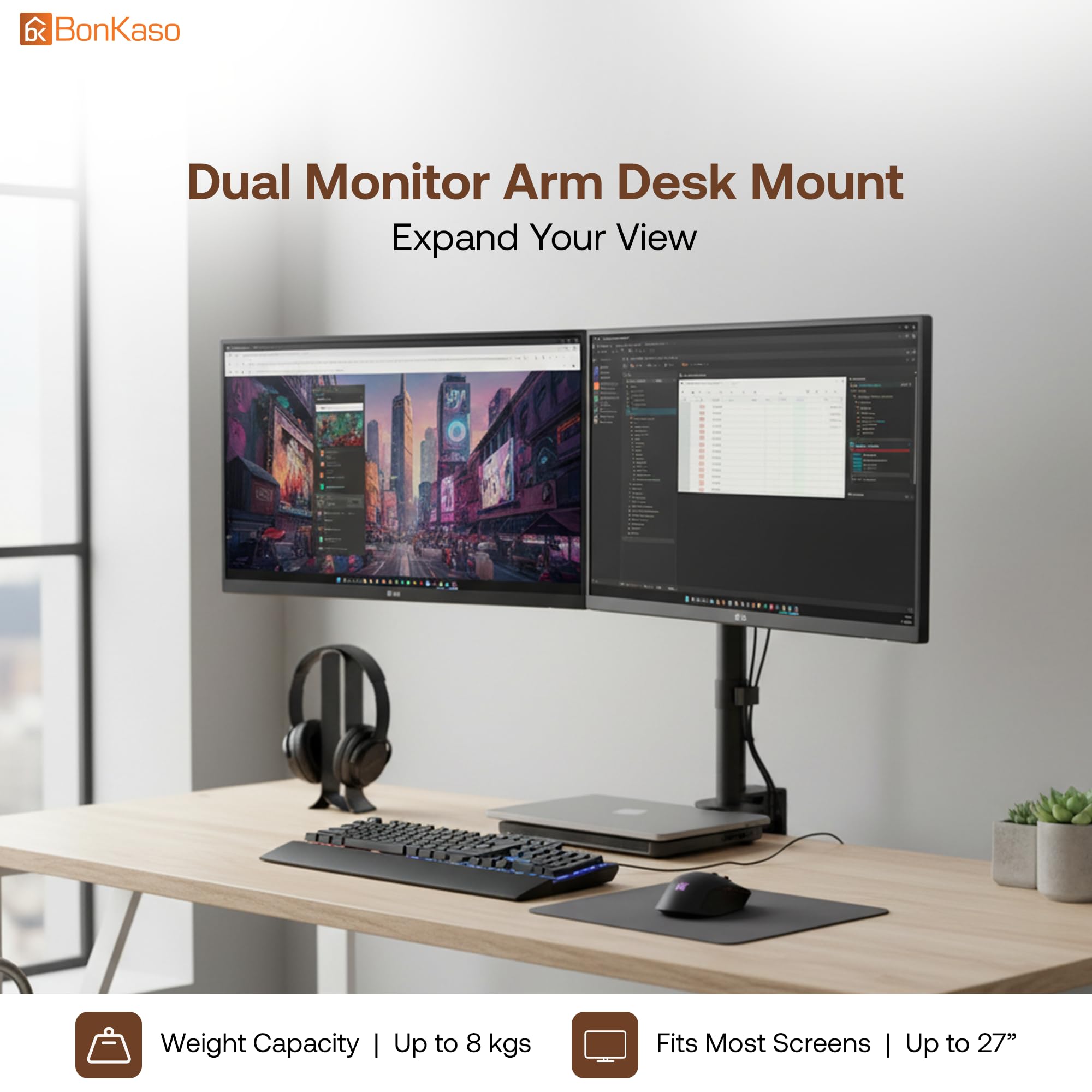 BonKaso Dual Monitor Stand for Desk | Height Adjustable Alloy Steel Arm Mount for 13”–27” Screens | 360° Rotation, Tilt & Swivel, Cable Management, Space-Saving Dual Arm Monitor Mount (Black & White) — Amazon image 2