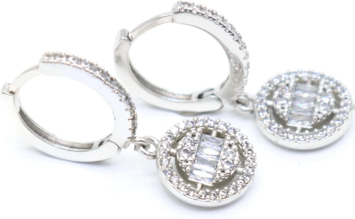 Elegant Silver Plated Drop Hoop Earrings for Women – Round Cubic Zirconia Dangle Earrings with Baguette Stones.KT0057