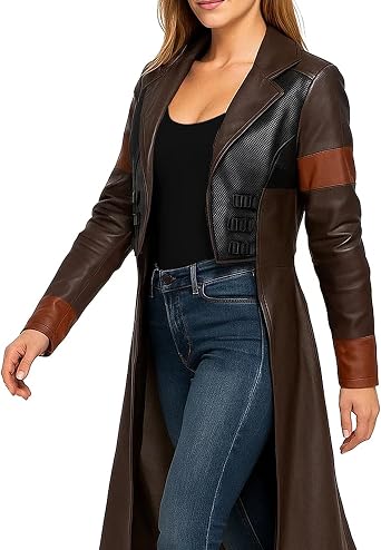 Women Halloween Cosplay Movie Costume Faux Leather Long Jacket - Knee Length Maroon & Brown Leather Trench Coat for Women