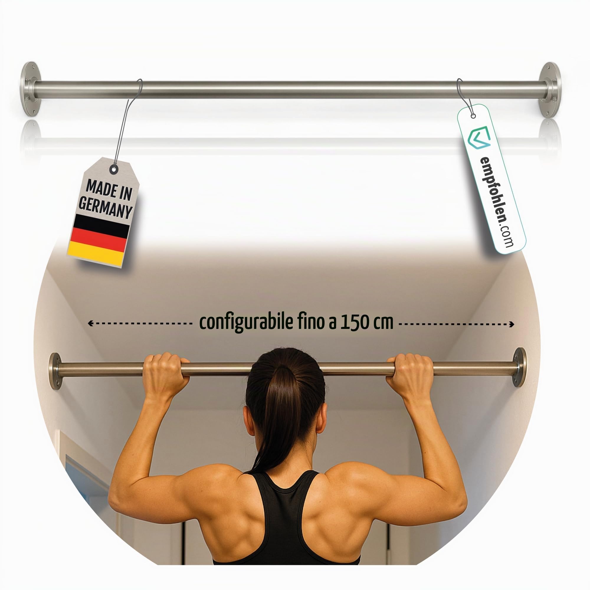 Sbarra per trazioni in acciaio inox da parete – su misura fino a 150 cm – con kit di fissaggio – ideale per casa, ufficio, palestra domestica