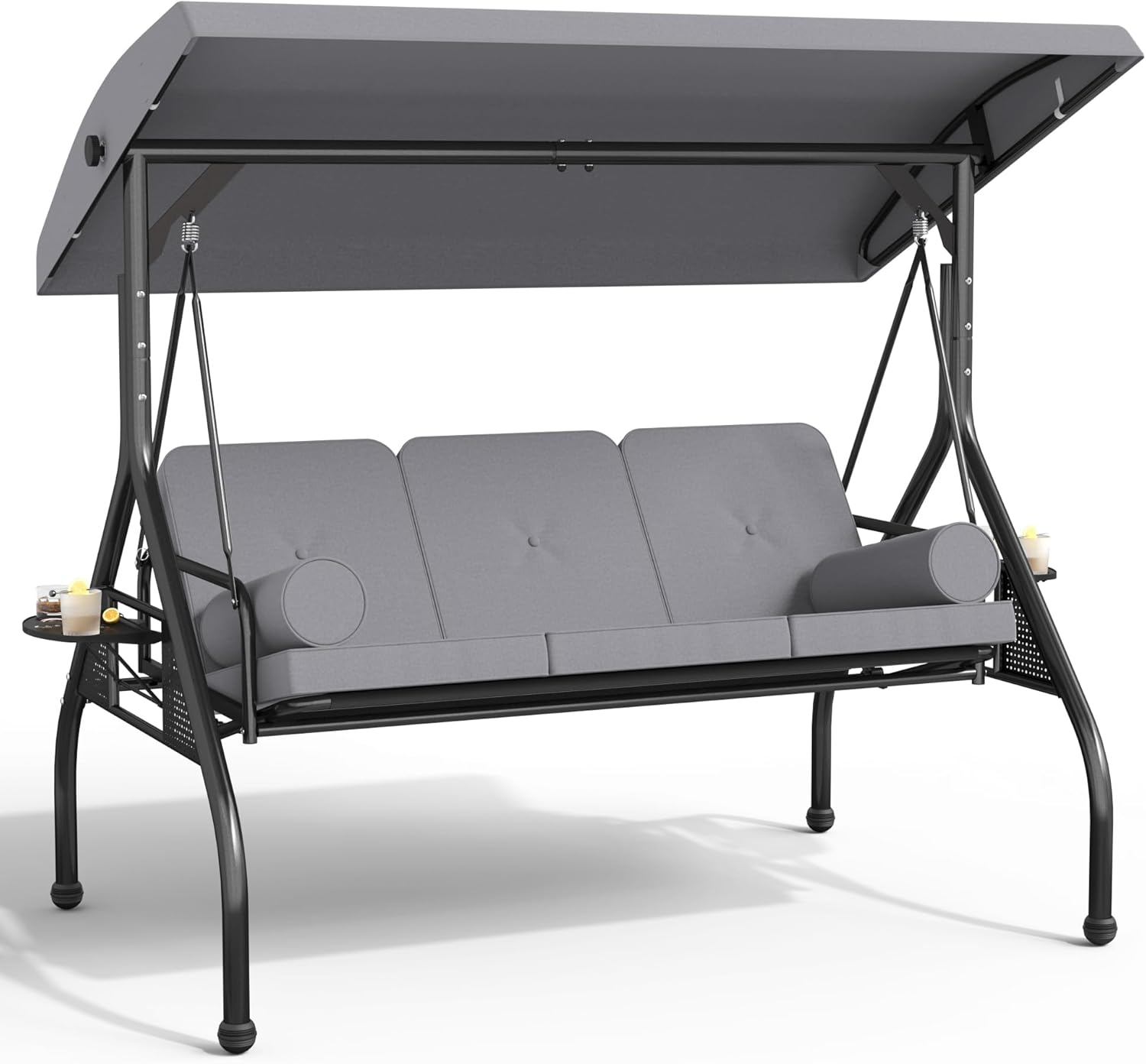 Crownland 3-Seat Patio Porch Swing with Adjustable Tilt Canopy, Outdoor Bench Swing with Removable Cushions, Cup Holder and Pillow for Garden, Poolside, Balcony, Backyard(Grey), Gray