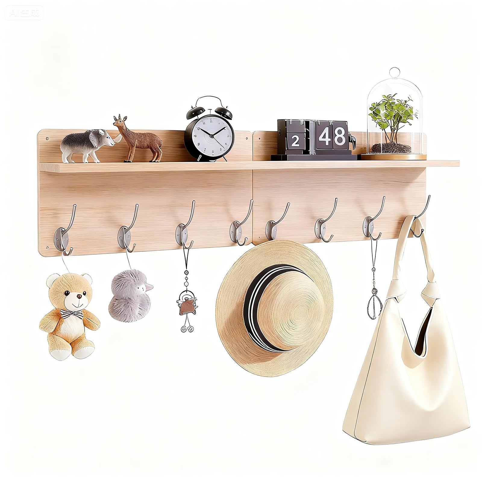 M.J Comfy-Life 2pack Coat Rack Shelf Wall Mounted, Wooden Coat Hooks with Shelf, 8 Dual Metal Hooks for Entryway, Hallway, Bathroom & Bedroom, 80cm Wall Mounted Hanger Organizer for Coats, Hats, Keys