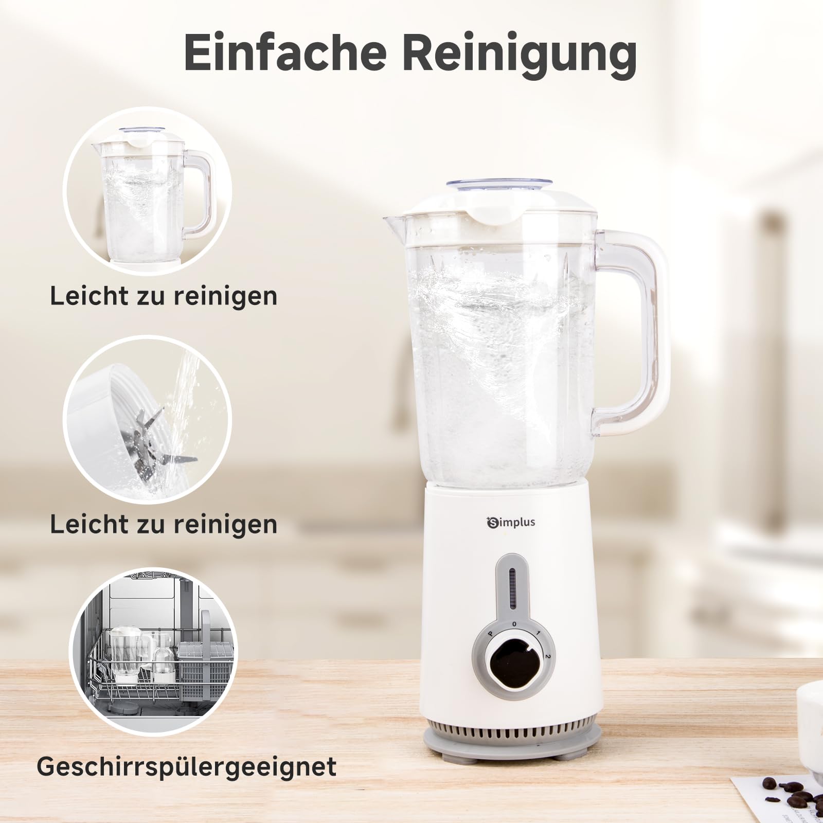 SIMPLUS 3-in-1 Standmixer & Smoothie Maker mit 1,25L Mixbecher, 500ml Fleischwolf & 300ml Mahlbecher, 3 Geschwindigkeitsstufen mit Pulsfunktion, Edelstahlmesser