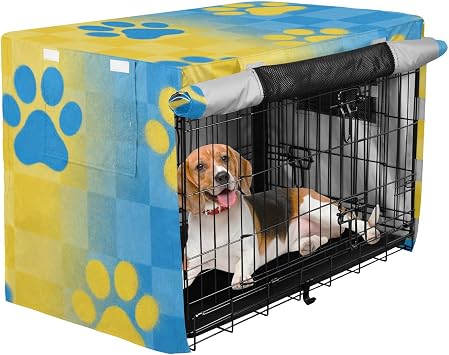 Cage Covers for Dog Crates Pet Wire Cage Cover Dog Crate Curtains Blue Yellow Checkers Paw Prints