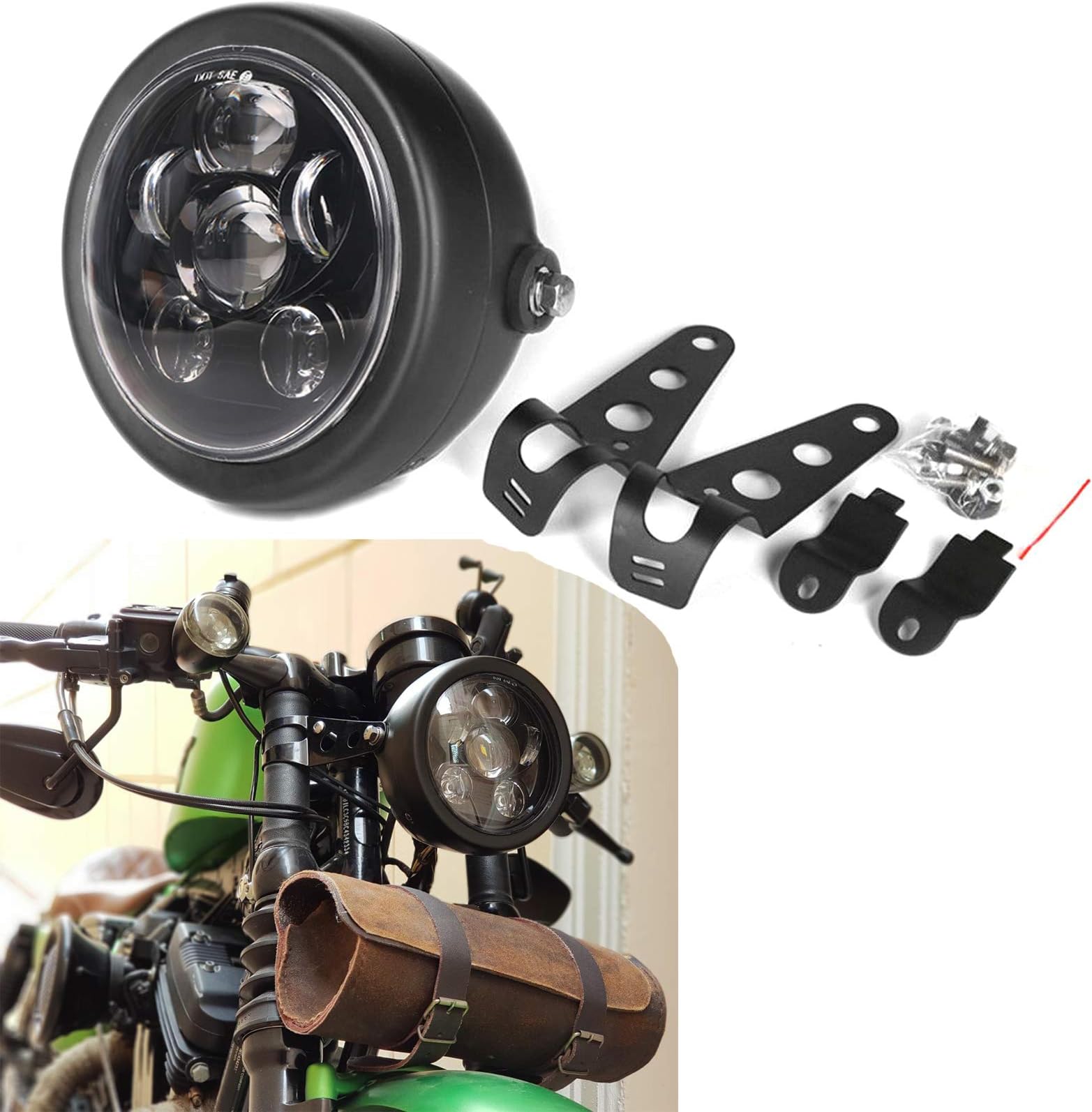 HOZAN 5.75 5-3/4inch Black LED Motorcycle Headlight with Headlight Housing for Shadow for Kawasaki for Suzuki Motorbikes for Metric bikes for Cruisers for Choppers