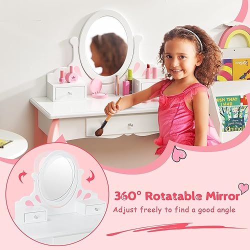 Miniatura 5 de Costzon Juego de tocador para niños con espejo, tocador de maquillaje de princesa 2 en 1 con parte superior desmontable, tocador para niños pequeños