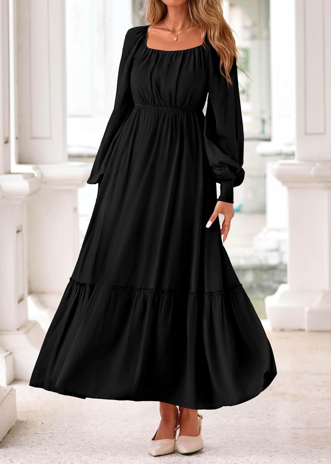 KIRUNDO Casual Fall Dresses for Women 2026 Flowy Long Sleeve Maxi Dress Smocked Empire Waist Square Neck Wedding Party - Image 5