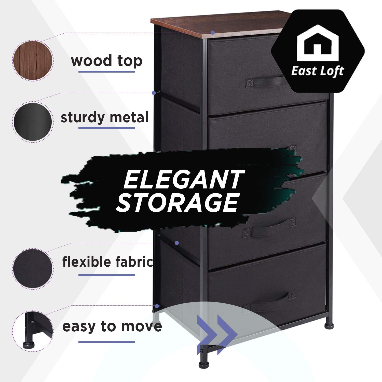 East Loft Tall 4 Drawer Dresser Storage Organizer for Closet, Nursery, Bathroom, Laundry or Bedroom Fabric Drawers, Solid Wood Top, Durable Steel Frame Black : Baby