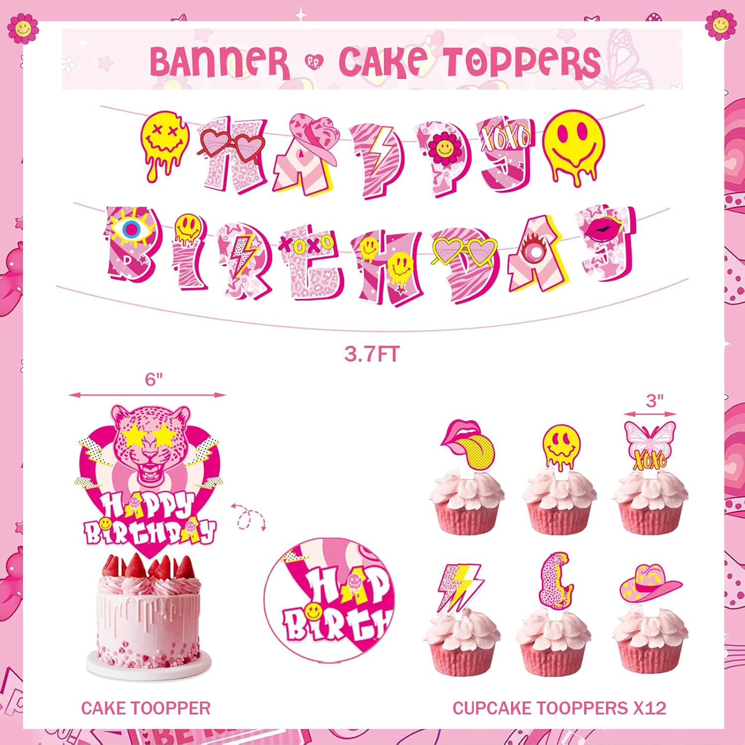 Preppy Birthday Decorations - Y2K Smiley Face Party Pack, Pink & Yellow Backdrop Banner, Balloon Garland, Tablecloth, Cake & Cupcake Toppers, Stickers & Cutouts