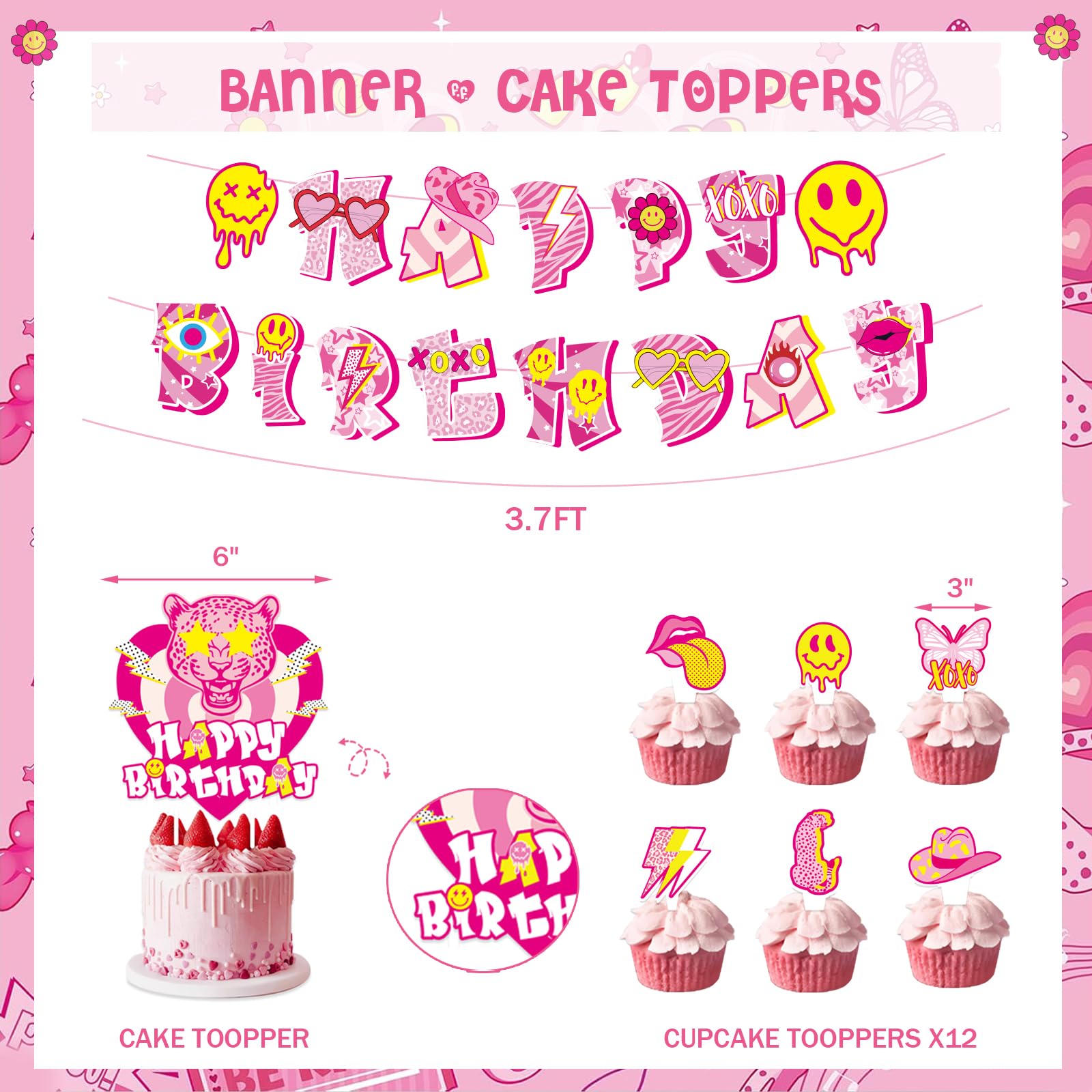 Preppy Birthday Decorations - Y2K Smiley Face Party Pack, Pink & Yellow - View #9