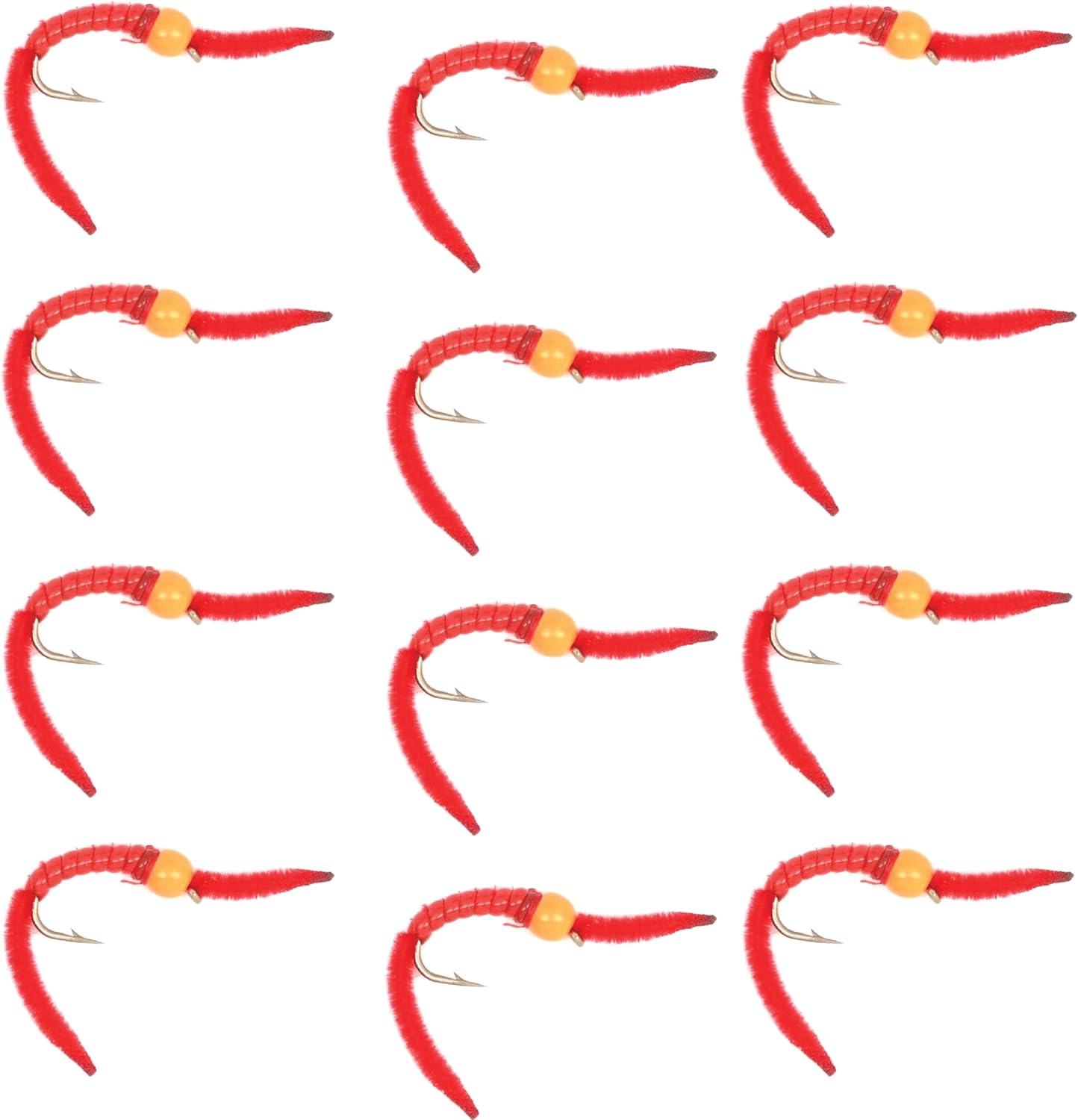 The Fly Fishing Place Trout Nymph Fly - San Juan Worm Power Bead One Dozen Orange Bead Red V-Rib Hook Size 10 - Set of 12 Nymph Wet Flies