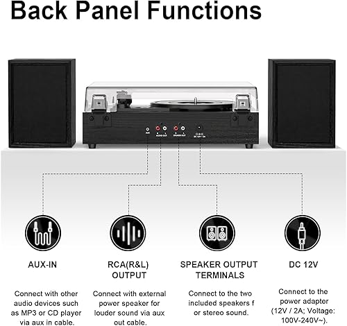 Miniatura 4 de Reproductor de discos de vinilo con altavoces externos, transmisión inalámbrica Bluetooth, tocadiscos de 3 velocidades con sistema estéreo de 30 W,