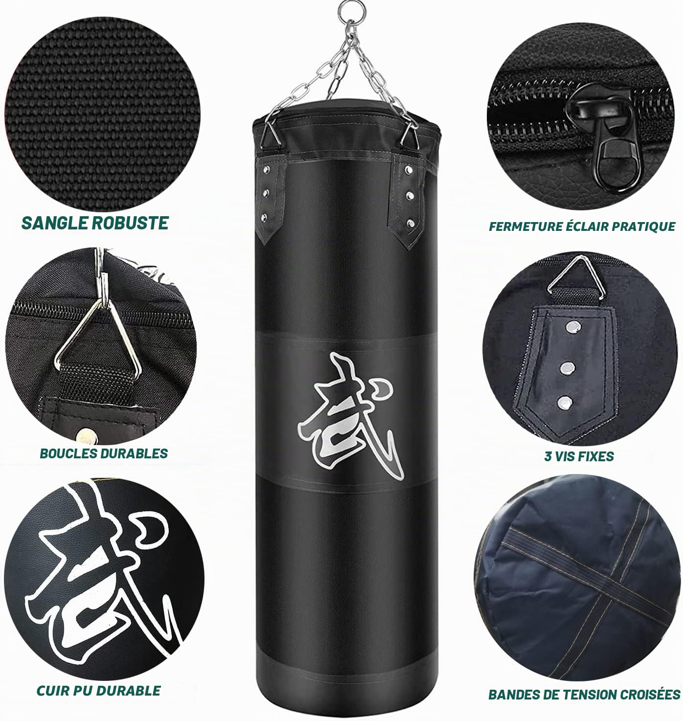 Sacs de Frappe Kit, Sac de Boxe Non-Rempli pour Enfan Adultes avec Bandage de Boxe, chaînes et Crochet, Formation pour Kickboxing MMA Muay Thai Karate Taekwondo