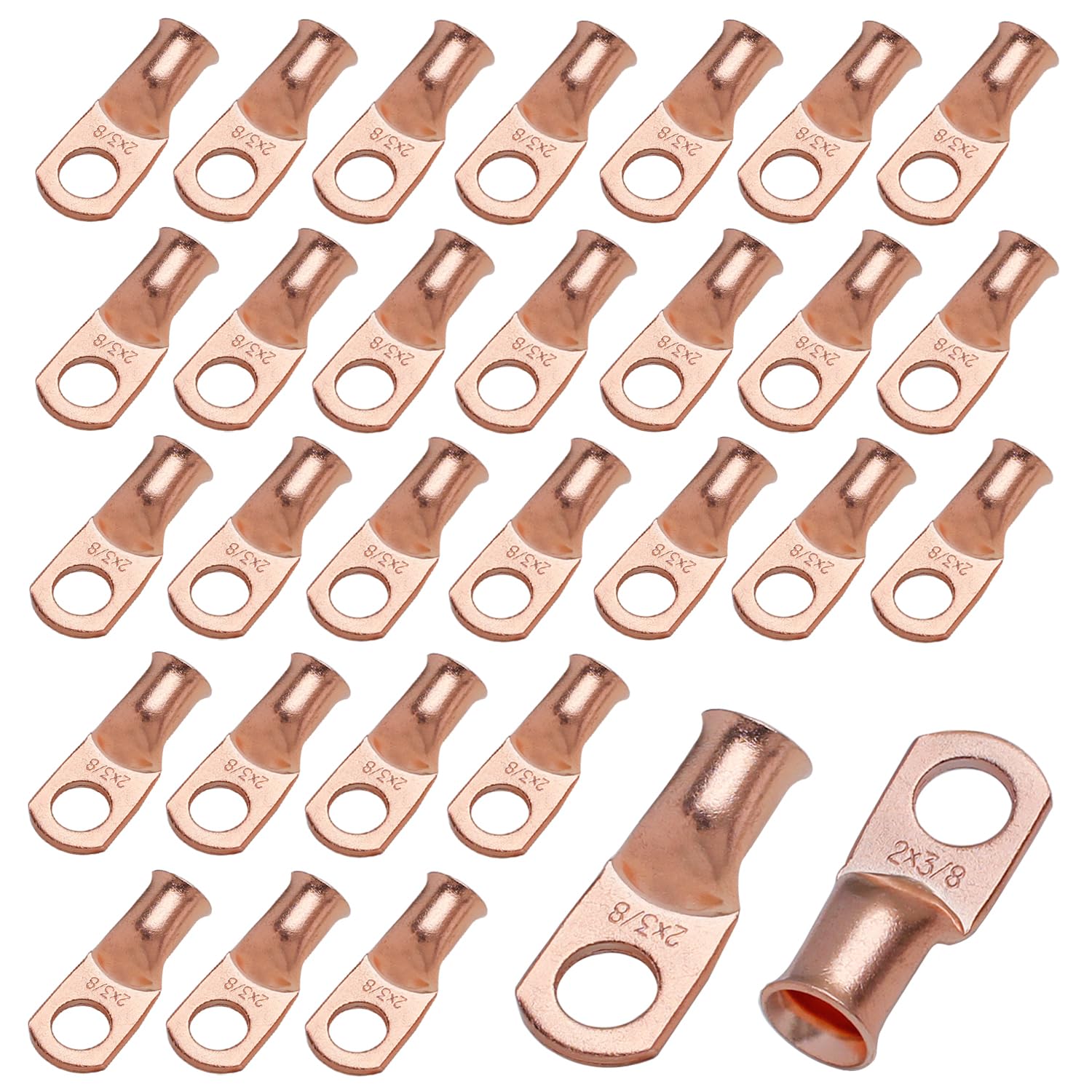 30PCS 2AWG-3/8 Heavy Duty Battery Cable Ends 2 Gauge Wire Connectors Wire Lugs Ring Terminals Bare Copper Eyelets Tubular Ring Terminal Connectors for Motorcycle, Car Audio & Trailer Wiring