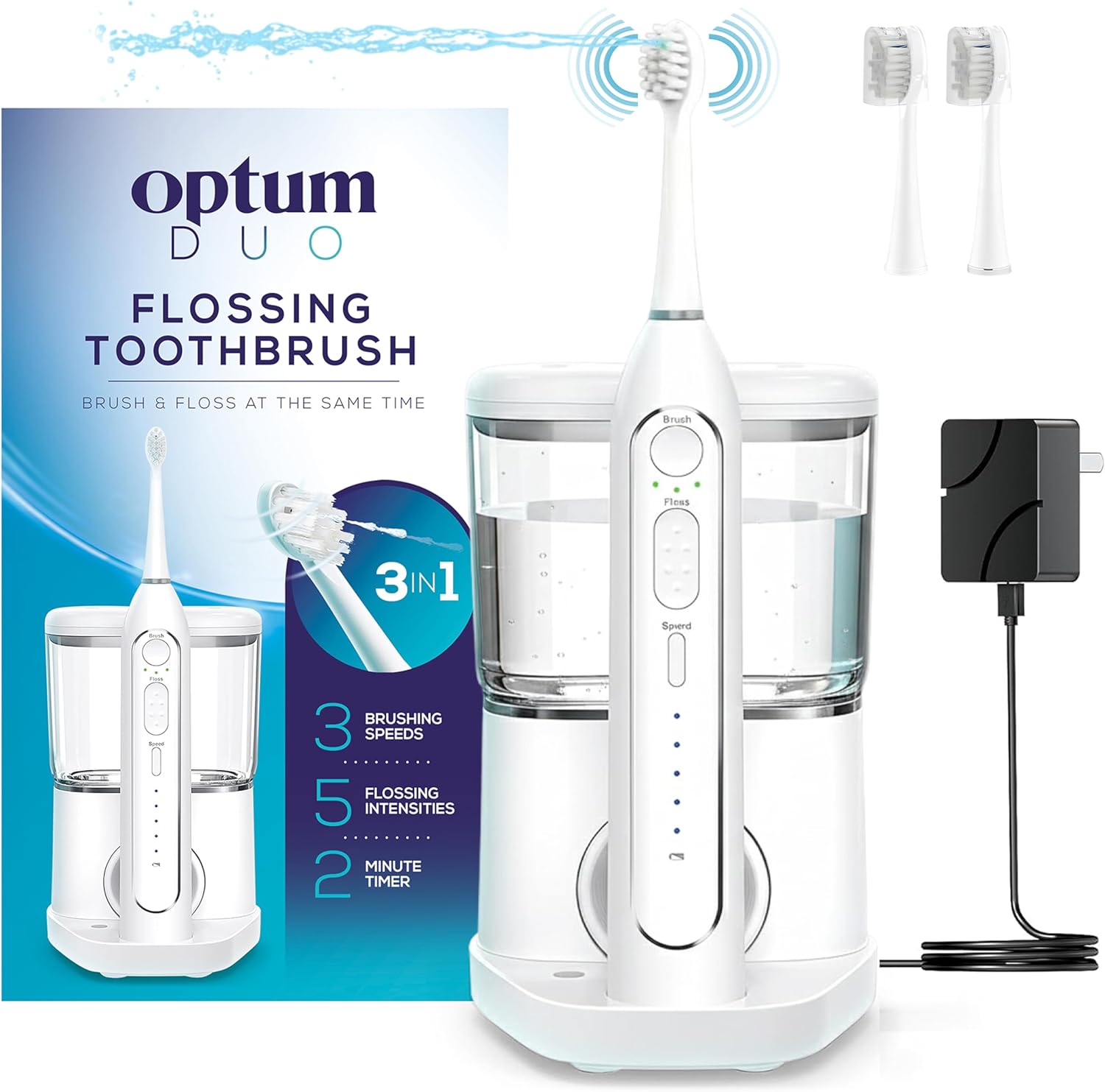 Flossing Toothbrush Rechargeable Electric Toothbrush with Water Flosser - Portable Water Pick Toothbrush Combo Cordless Sonic Electric Toothbrush and Water Flosser - White