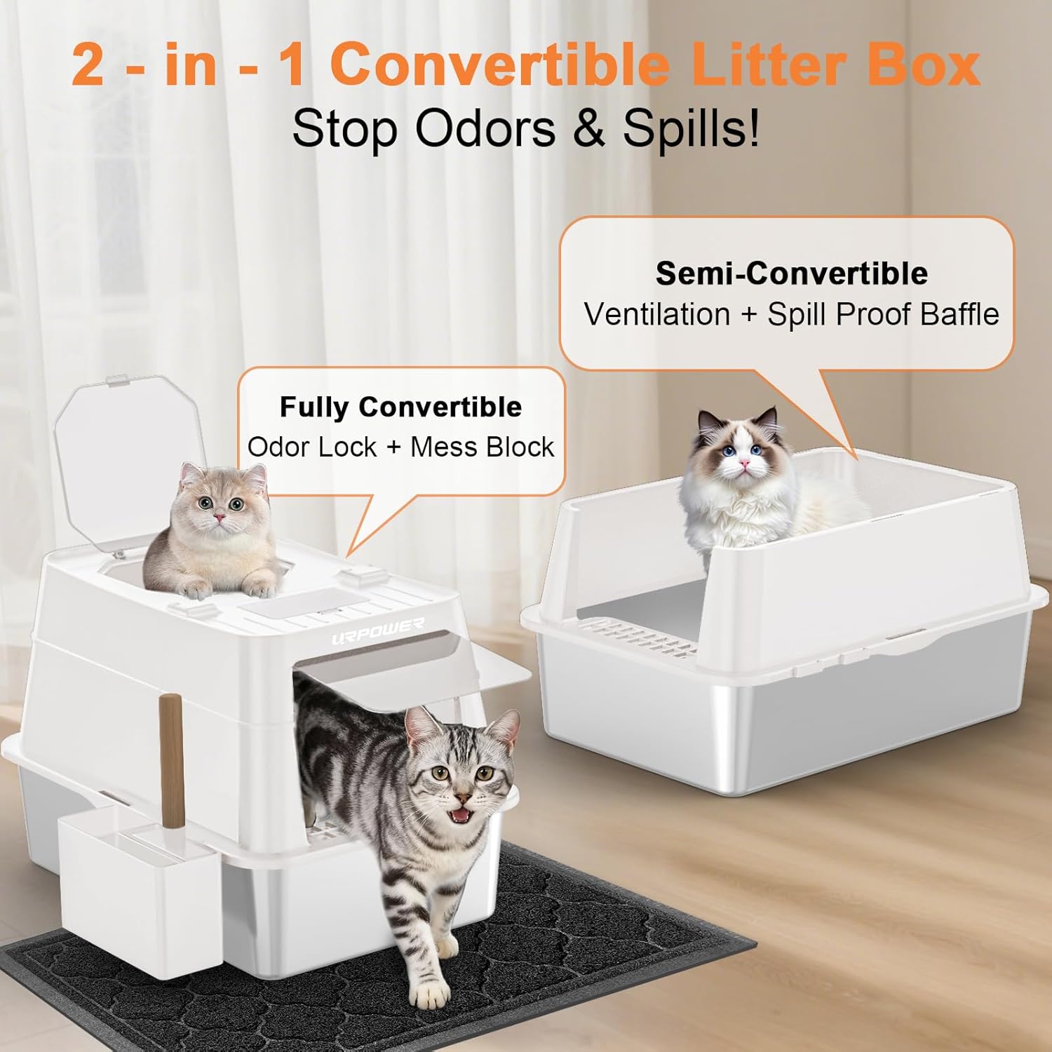 URPOWER Stainless Steel Cat Litter Box with Lid Extra Large Enclosed Litter Box for Cats Non-Sticky Metal Pan with High Sided Enclosure & Scoop, Front & Top Entry, Anti-Leakage, Easy Cleaning