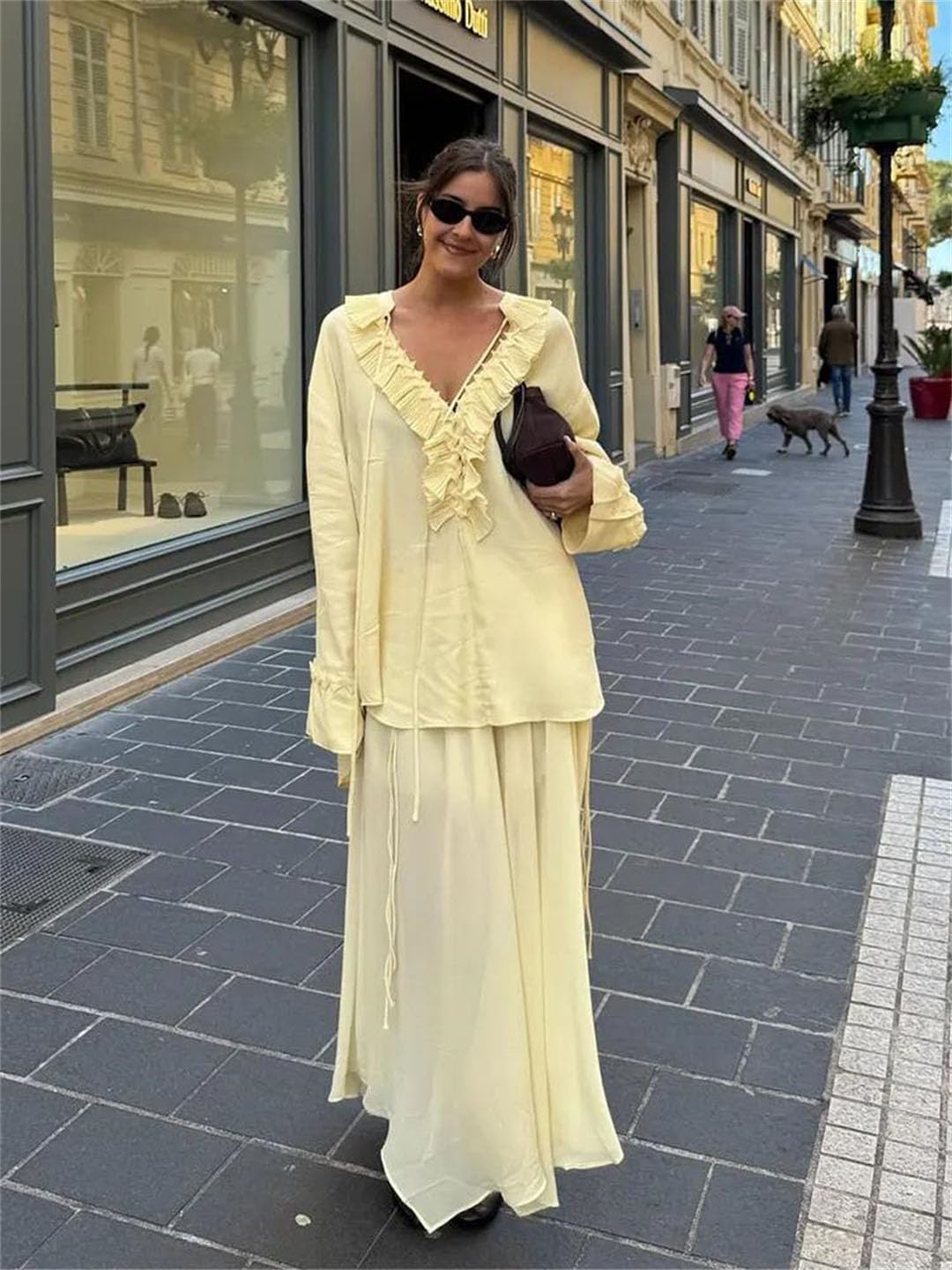 Women Ruffles Lace-Up Blouse Skirt Long Sleeve V-Neck Midi Skirt Two-Piece Set
