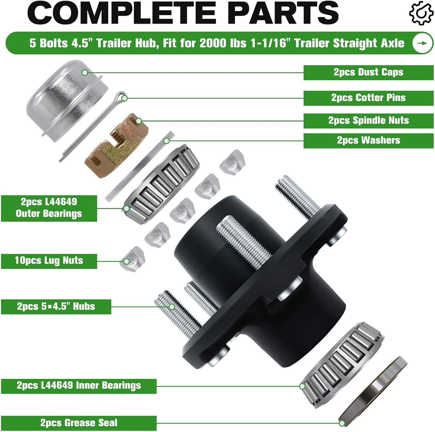 Podoy 2000LB Trailer Hub Kit 5 on 4.5", 2 Pack Trailer Idler Hubs for 1-1/16" Straight Spindle, Pre-Greased L44649 Bearings, 5 Lug Boat Trailer Hub Kit with Seals Dust Caps(Only Fit Straight Spindle)