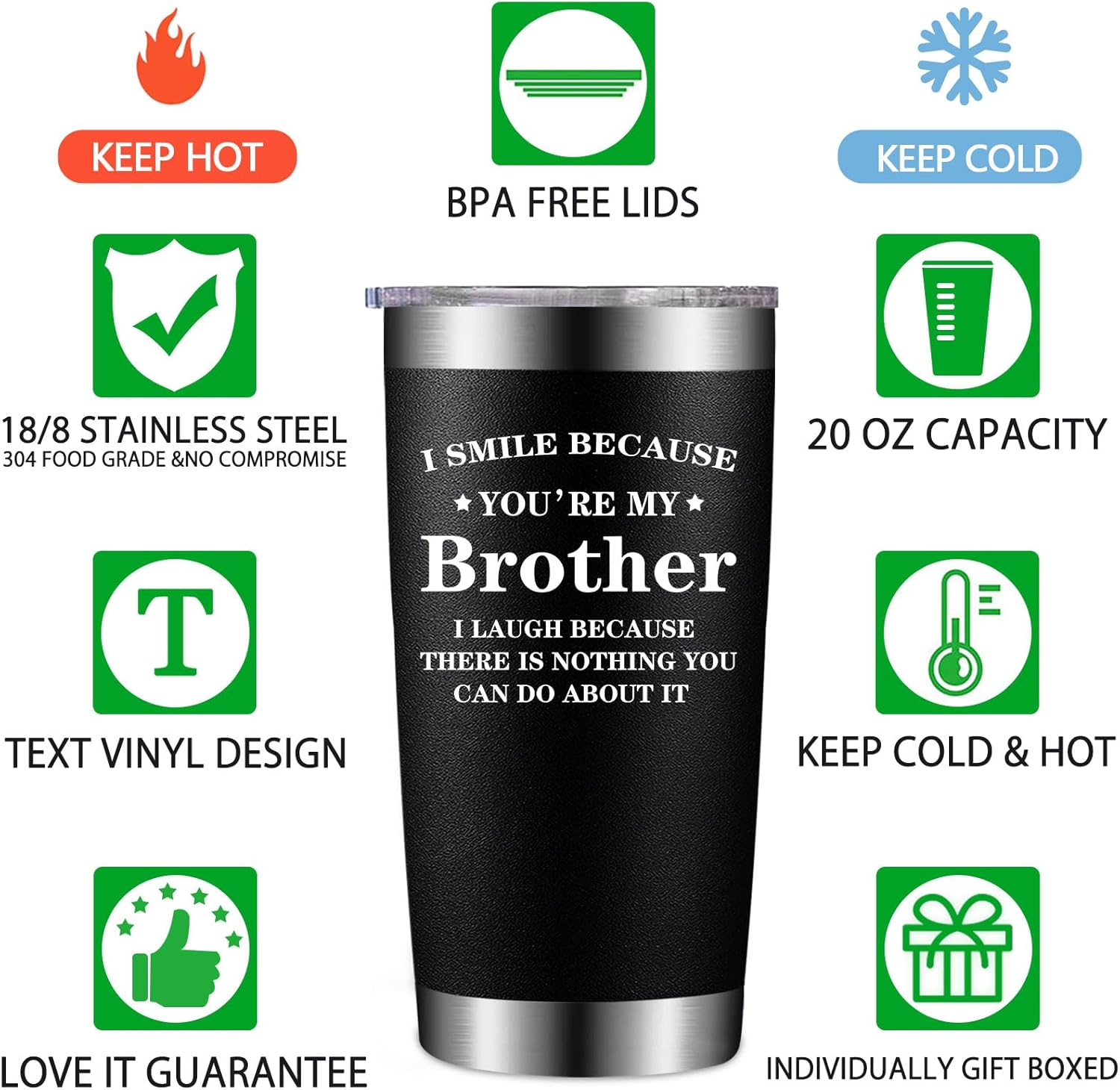 I Smile Because You Are My Brother - Fathers Day Gift - Christmas Birthday Valentine's Day Gifts - 20oz Love you bro Tumbler - Image 9