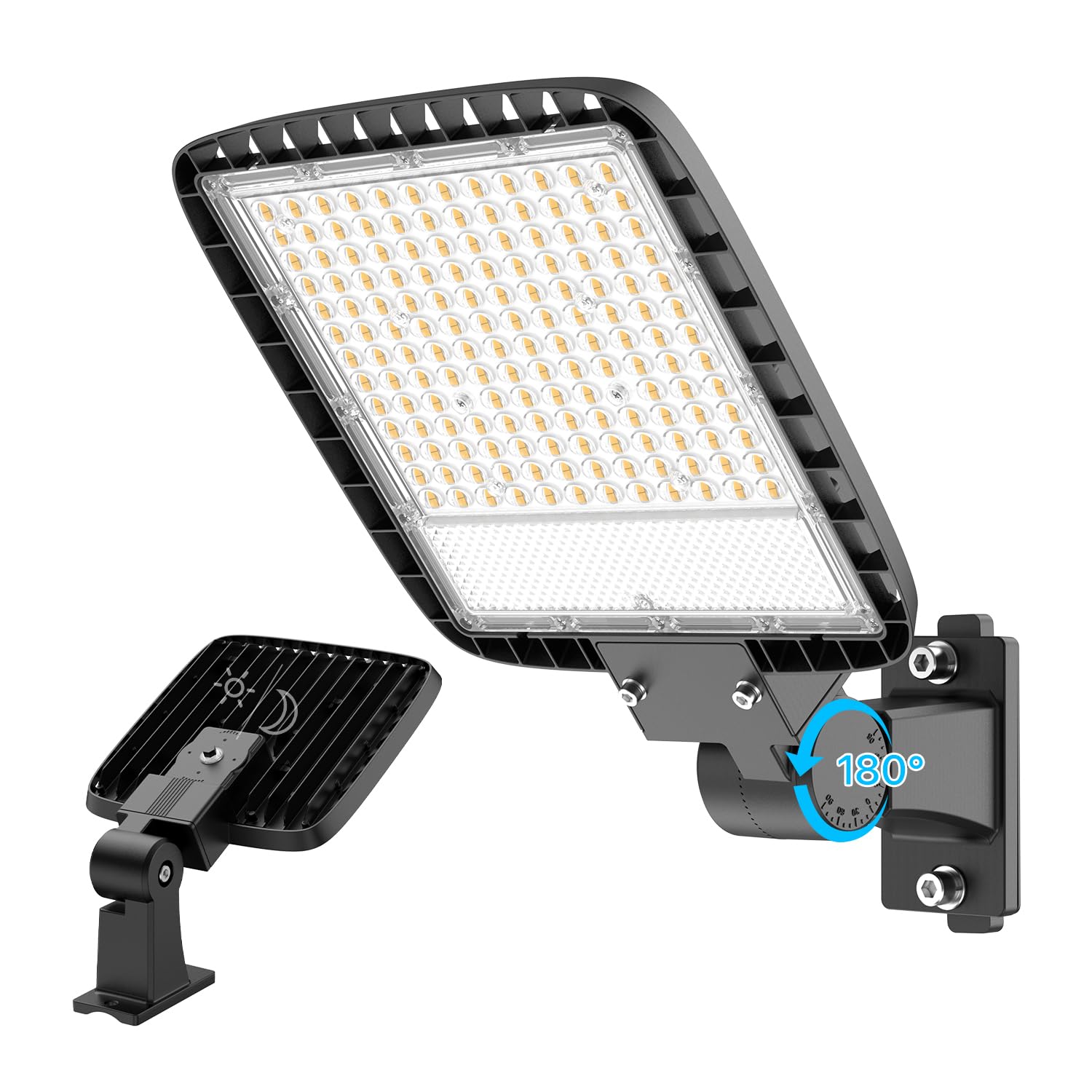 lumenfox LED Parking Lot Light, 200W LED Flood Light with Dusk to Dawn Photocell, 5000K Daylight, IP65 Waterproof, Adjustable Arm Mount, AC 120V,