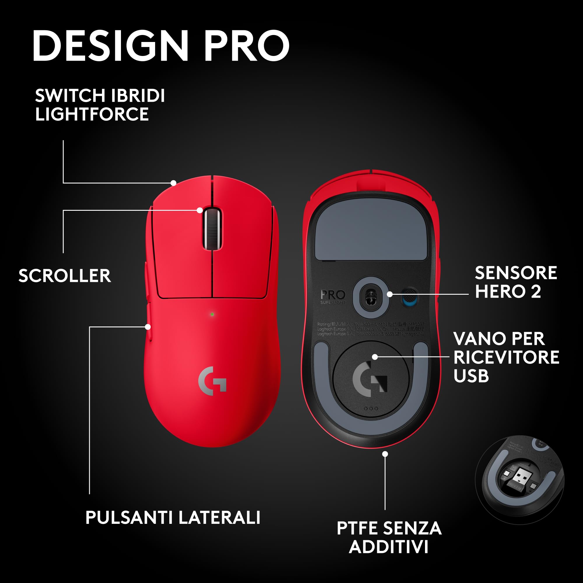 Logitech G PRO X SUPERLIGHT 2 SE mouse gaming wireless | mouse Pro-Grade 60 g, 5 pulsanti programmabili, sensore 44.000 DPI, >888 IPS, 1 kHz, USB-C, PC/Mac - Rosso
